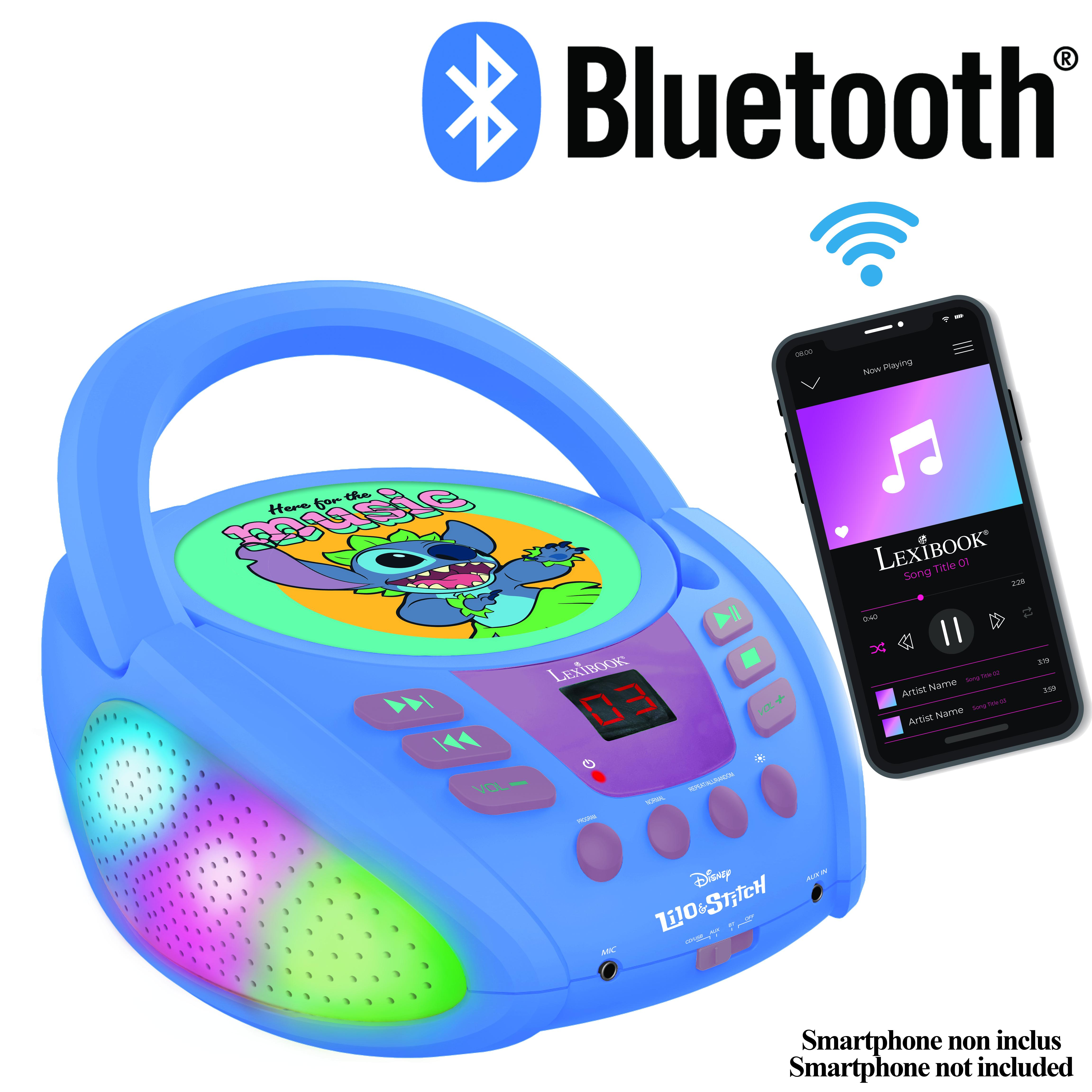 Boombox Lexibook blu con design Stitch. Lo smartphone mostra musica. Logo Bluetooth presente.