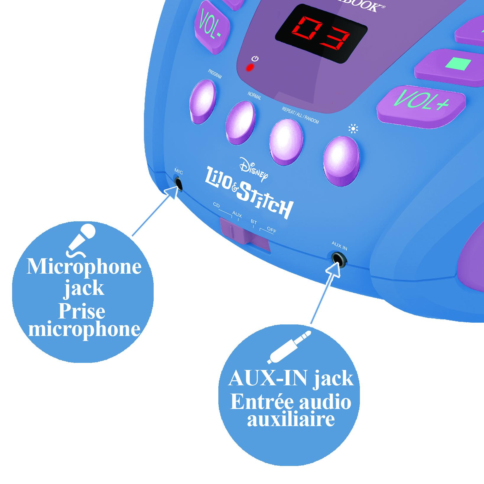 Radio Lilo & Stitch blu e viola. Ha pulsanti, display, jack per microfono e jack aux-in.