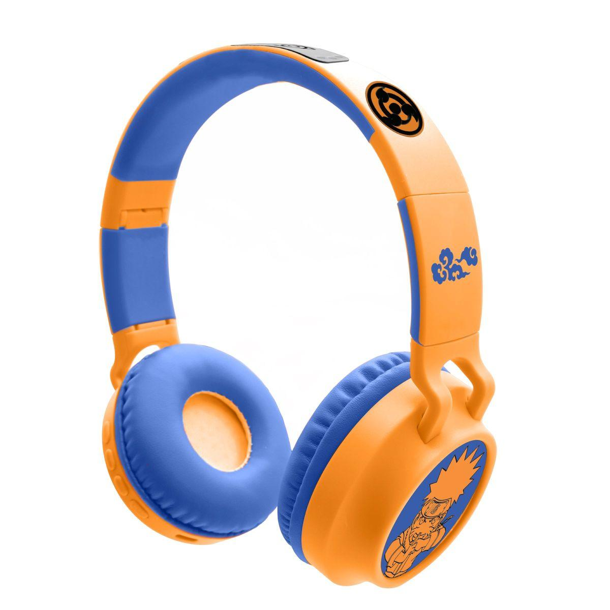 Cuffie arancioni e blu con grafica Naruto. L'archetto e i padiglioni sono arancioni e blu. Su sfondo bianco.