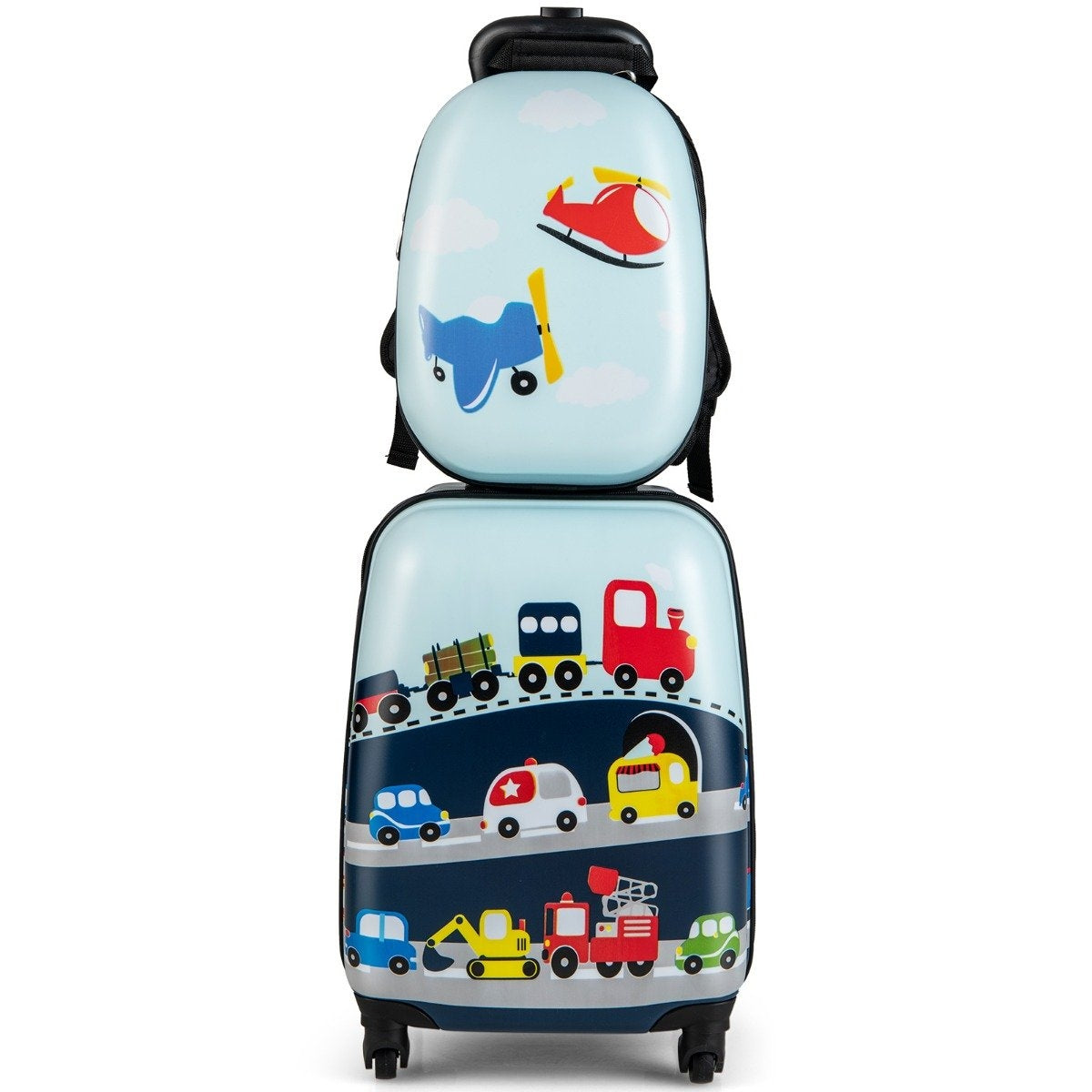 Un juego de maleta y mochila azules con vehículos de dibujos animados. La maleta tiene coches y trenes, la mochila tiene un avión y un helicóptero.