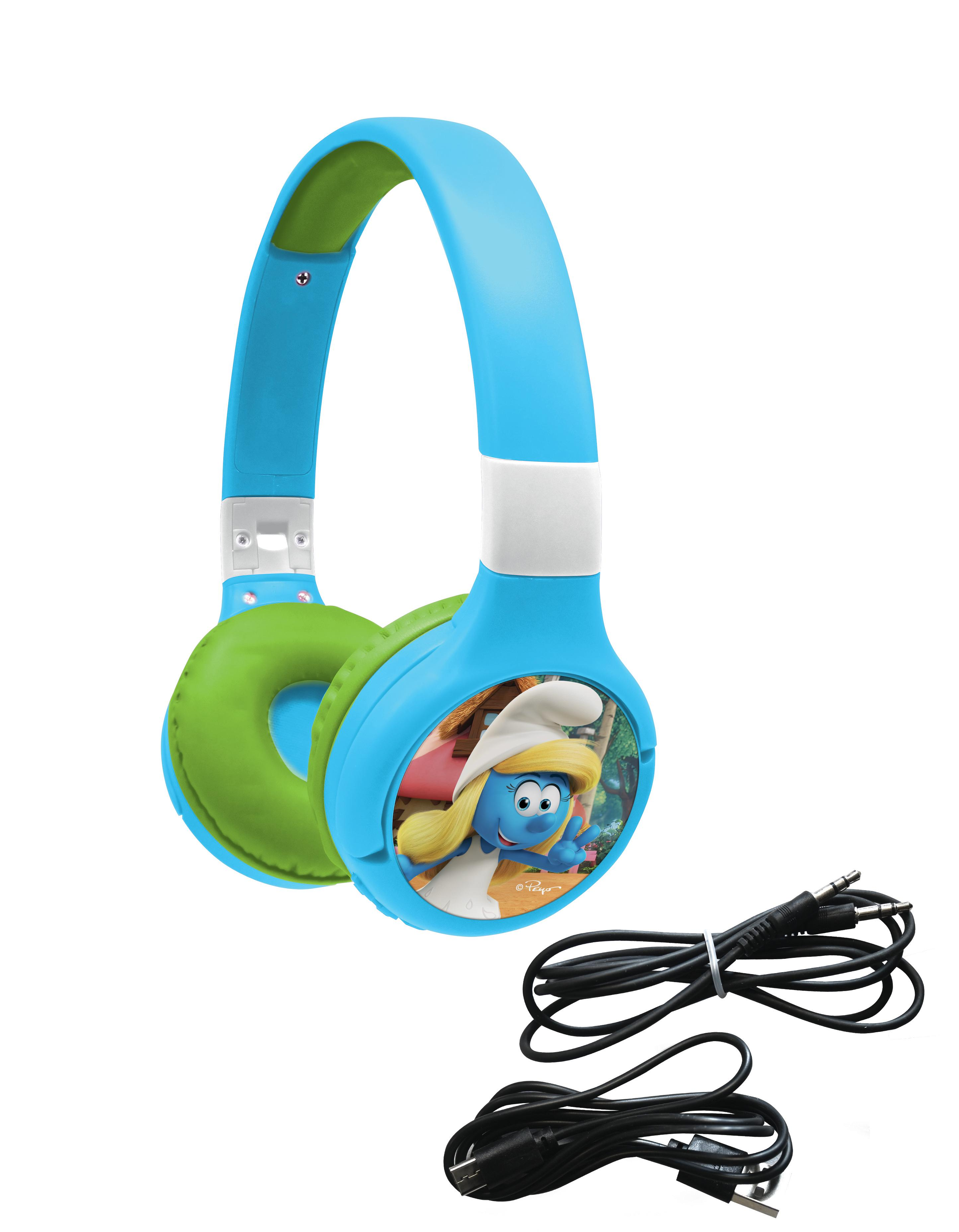 Cuffie blu e verdi dei Puffi con immagine di Puffetta, più cavi audio neri.