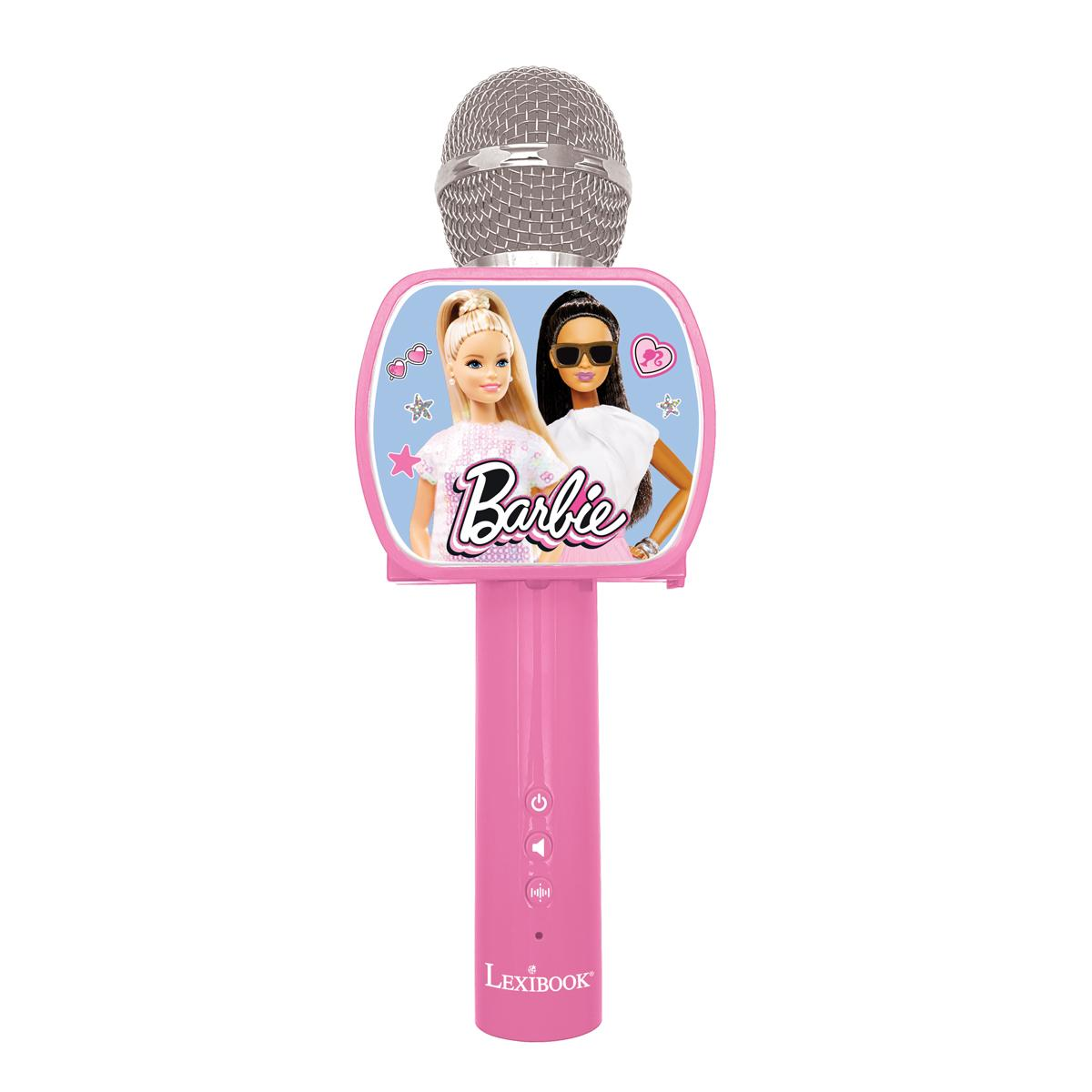 Microfono rosa Barbie con parte superiore in rete argentata e un'immagine di due bambole Barbie sul davanti. Con logo Lexibook.