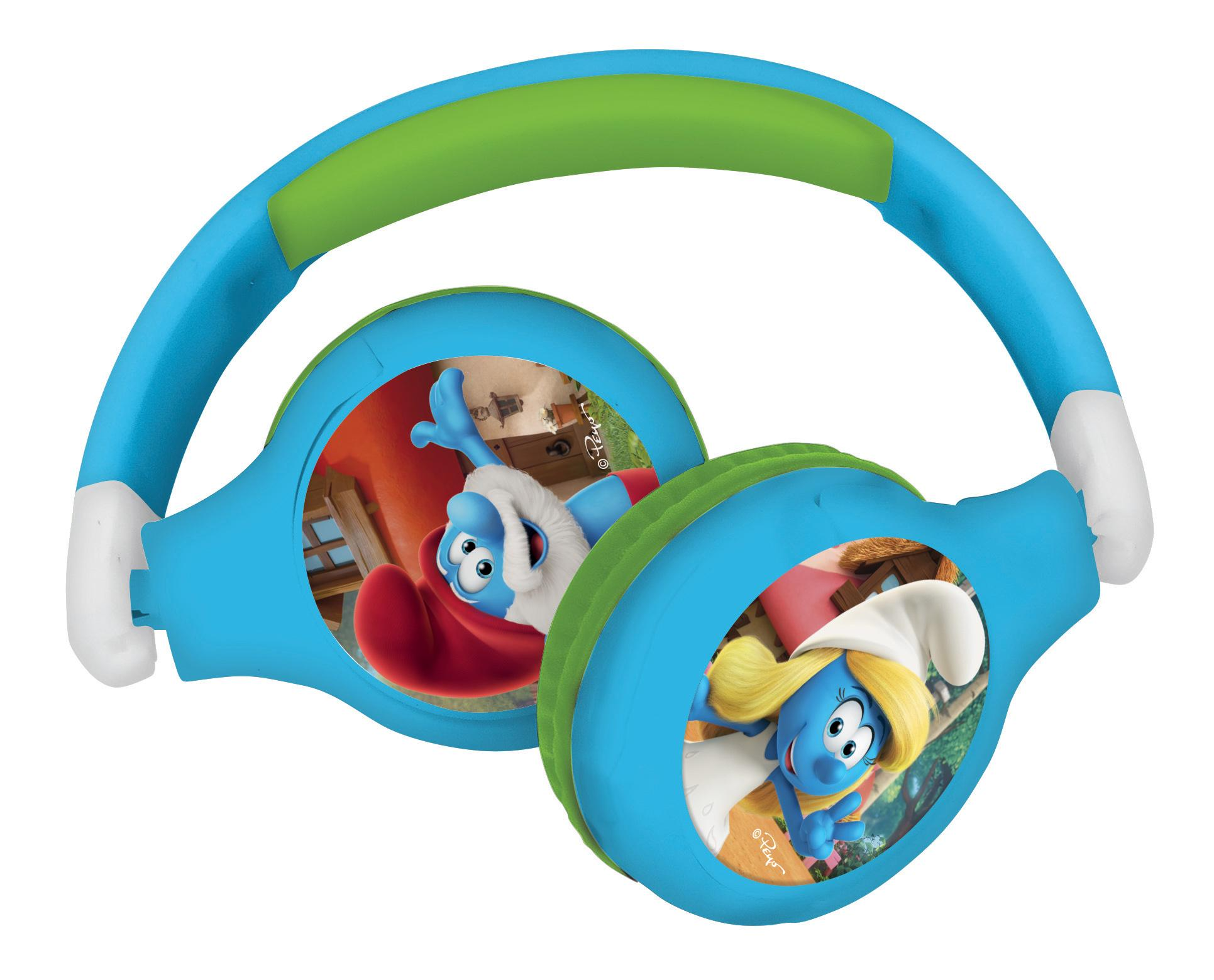 Cuffie blu con personaggi dei Puffi sui padiglioni. L'archetto ha sezioni verdi e blu. I padiglioni sono verdi.