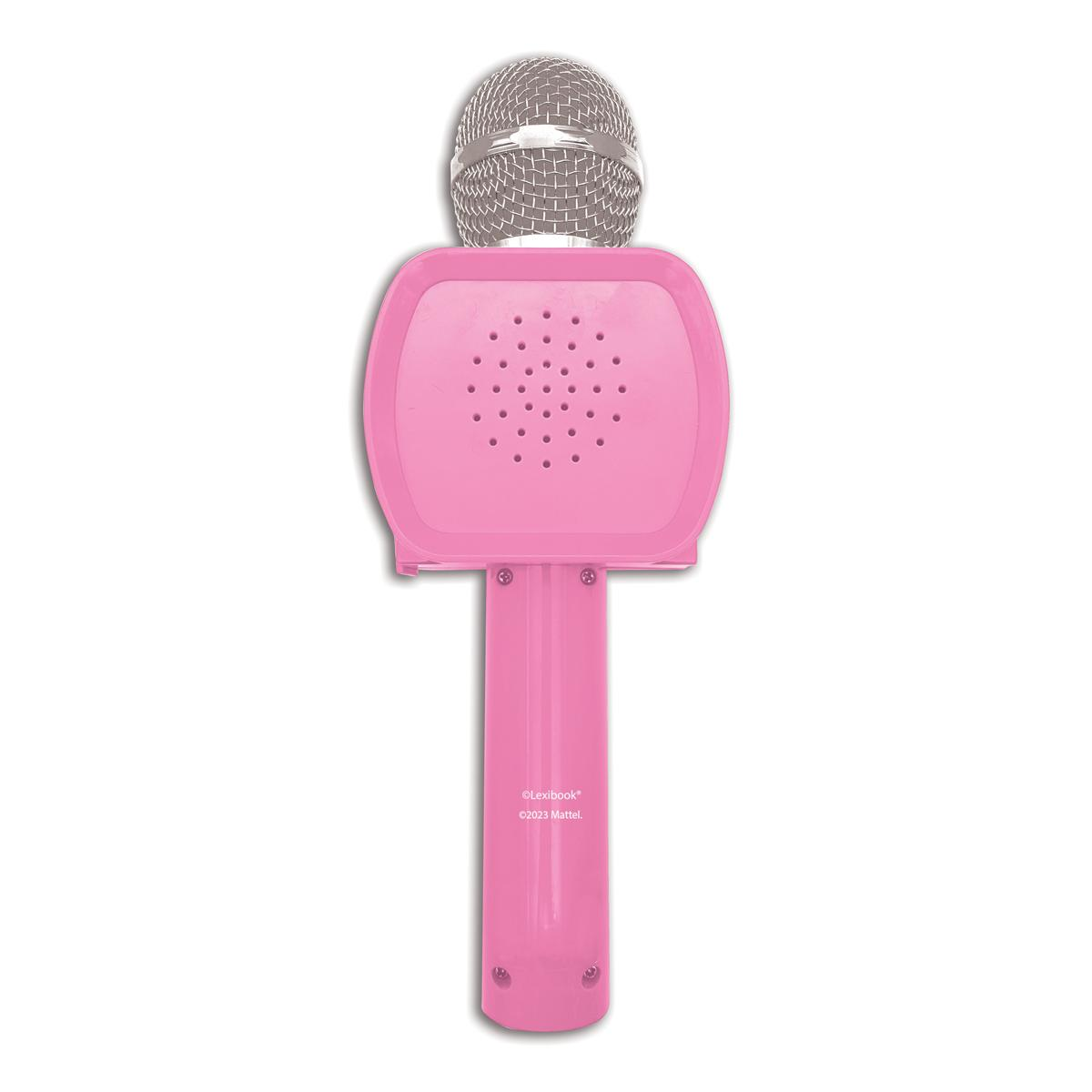 Un microfono giocattolo rosa con una testa a rete argentata. Ha un altoparlante, un'impugnatura e i loghi Lexibook e Mattel.