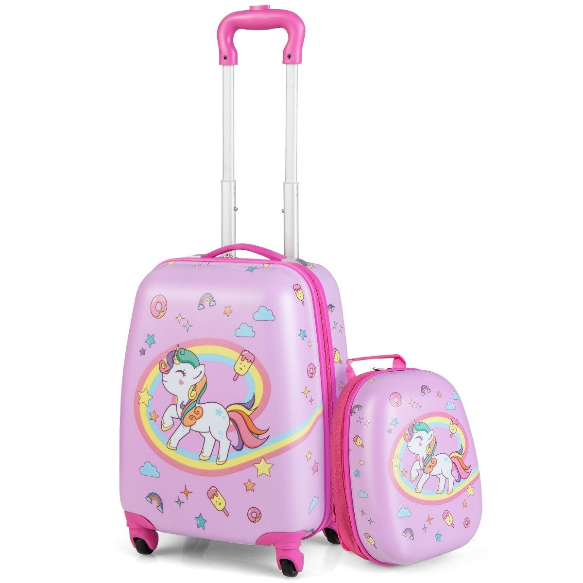 Una maleta rosa con unicornio y una mochila a juego. La maleta tiene asa y ruedas. Ambas tienen diseños de unicornio y acentos de arcoíris.