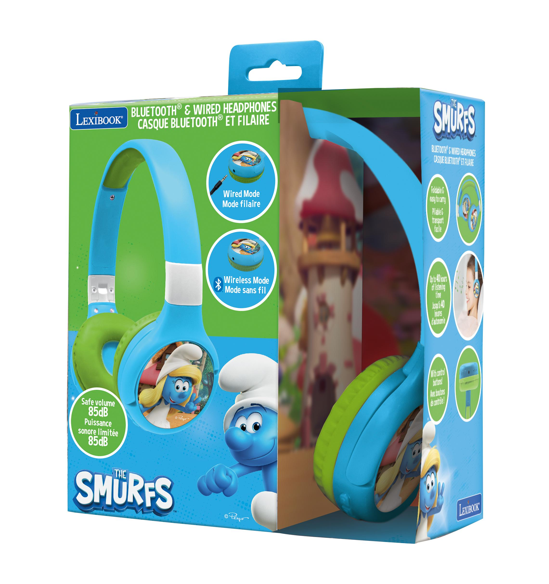 Cuffie in confezione blu e verde. Tema Puffi. Include modalità wireless, volume sicuro e pulsanti di controllo.