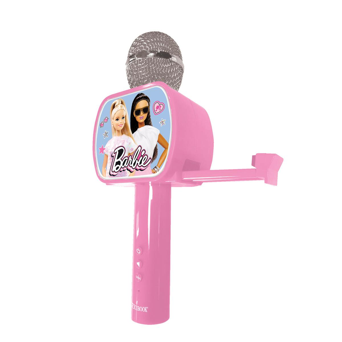 Un microfono karaoke Barbie rosa. Ha una testa del microfono metallica e un'immagine di Barbie sul davanti.