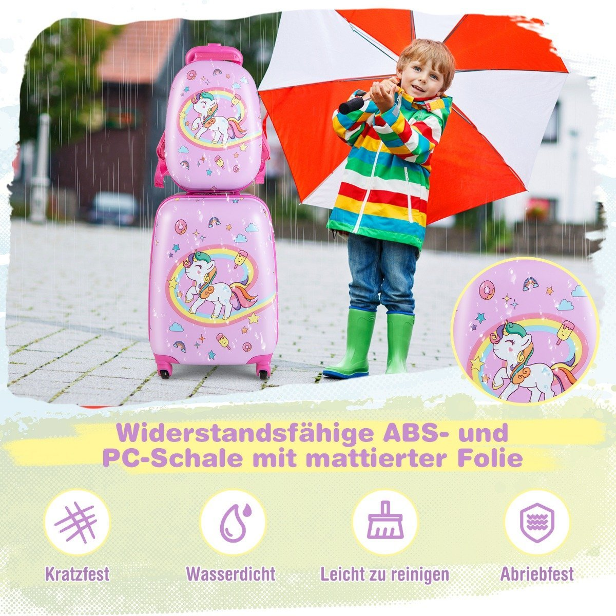 Un niño con ropa de lluvia sostiene un paraguas junto a un juego de maleta y mochila rosa decorado con un unicornio.