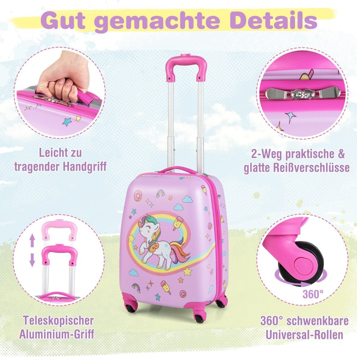 Una maleta rosa con diseño de unicornio. Cuenta con asa telescópica, ruedas y detalles de cremallera. El texto destaca sus características.