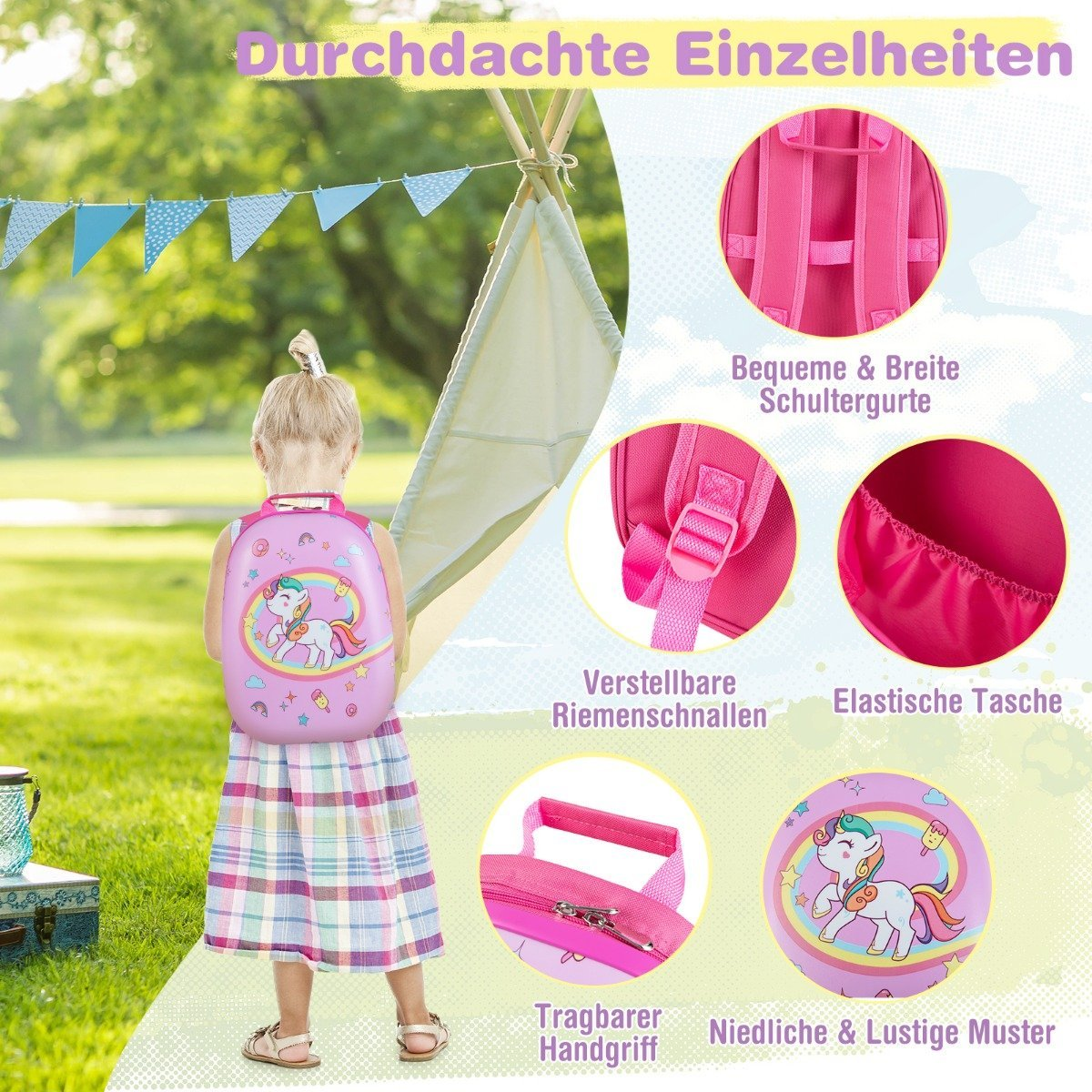 Una niña con una mochila rosa de unicornio está de pie frente a un tipi. Hay detalles de las características y el diseño de la mochila alrededor de la imagen.