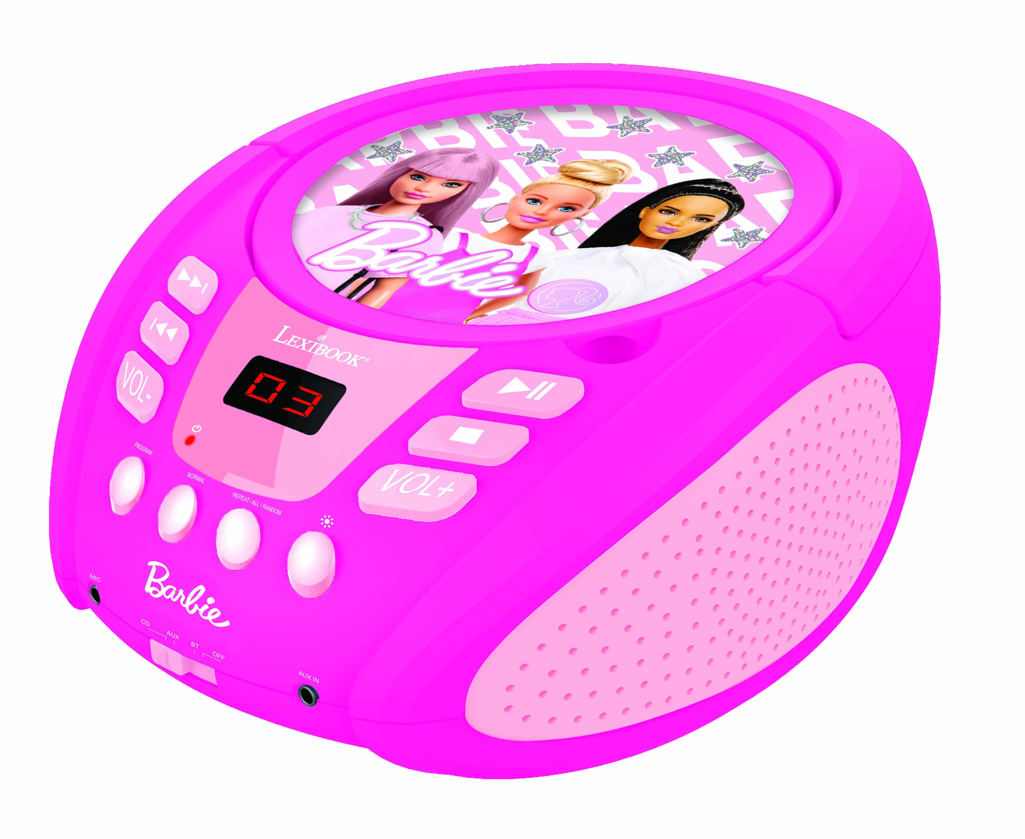 Un lettore radio Barbie rosa con un'immagine di bambole Barbie sul davanti. Ha pulsanti e un display digitale.
