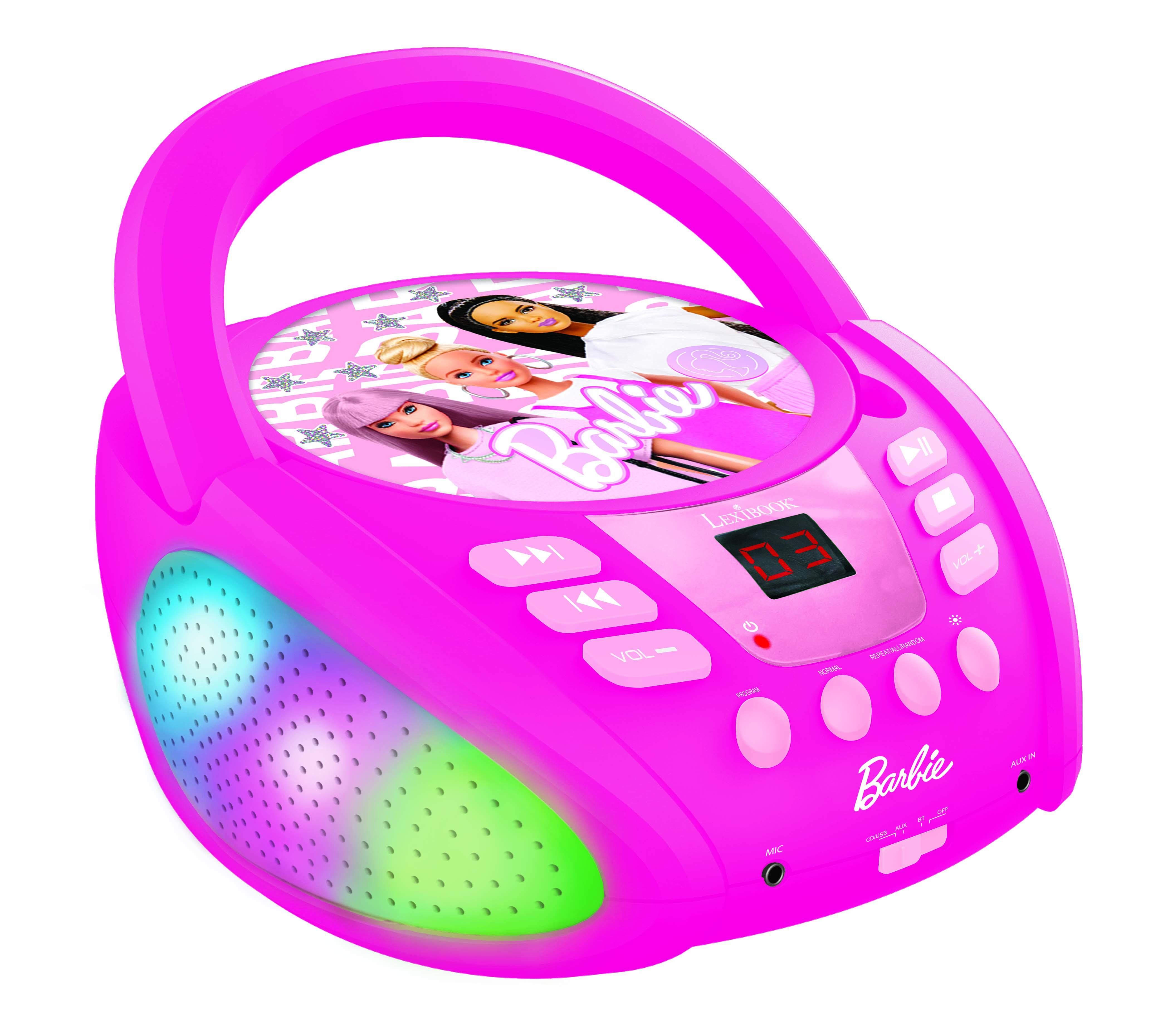 Un lettore CD Barbie Lexibook rosa. Ha una maniglia, pulsanti e uno schermo. L'altoparlante ha una luce colorata.