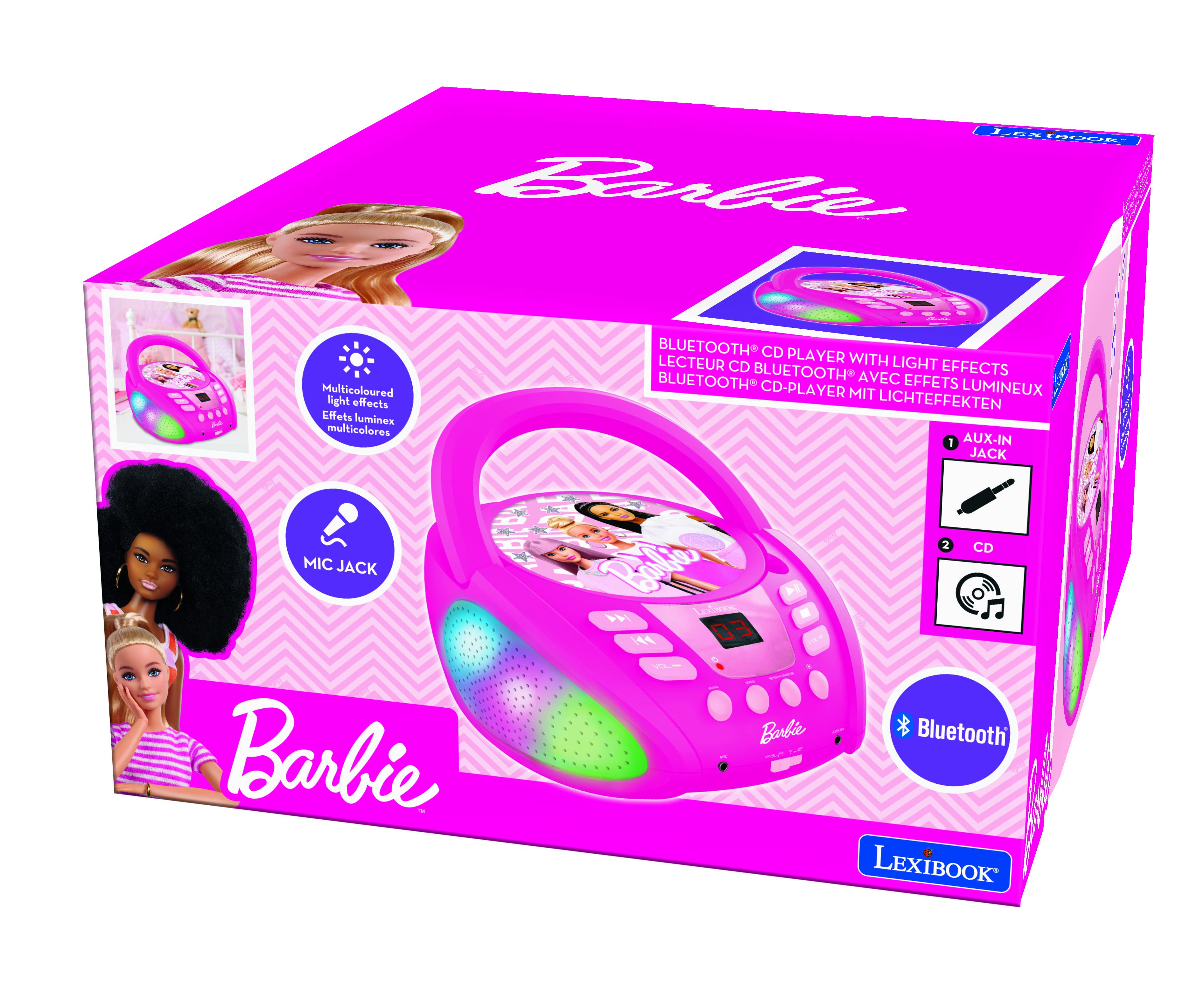 Scatola con lettore CD Barbie. Rosa, con bambole Barbie sulla scatola. Caratteristiche Bluetooth ed effetti luce.