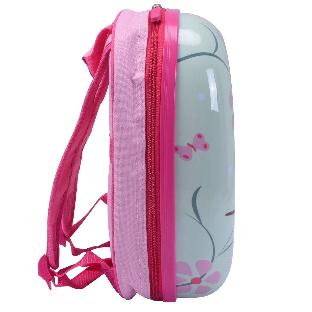 Una mochila rosa con un cuerpo curvo verde claro, decorada con flores y mariposas rosas. Tiene correas rosas y una cremallera roja.