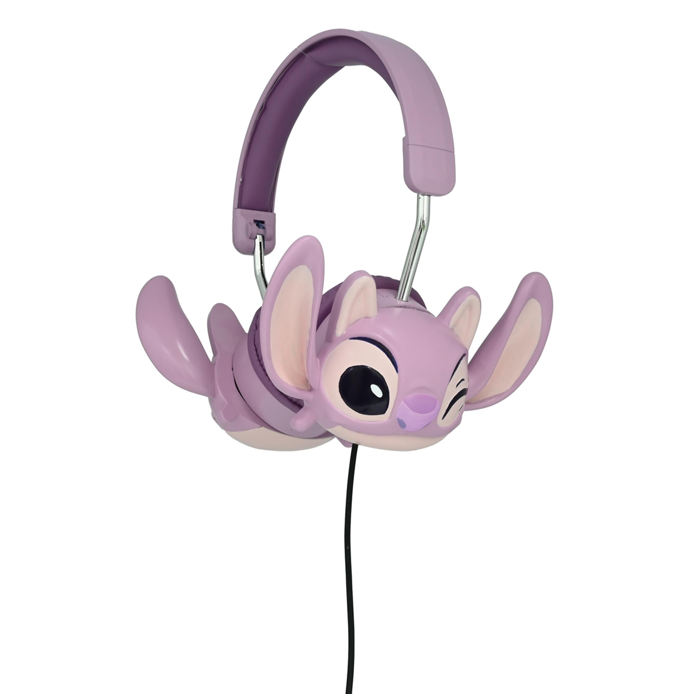 Cuffie a forma di Angel di Lilo e Stitch. Sono viola. Le cuffie hanno un filo nero.