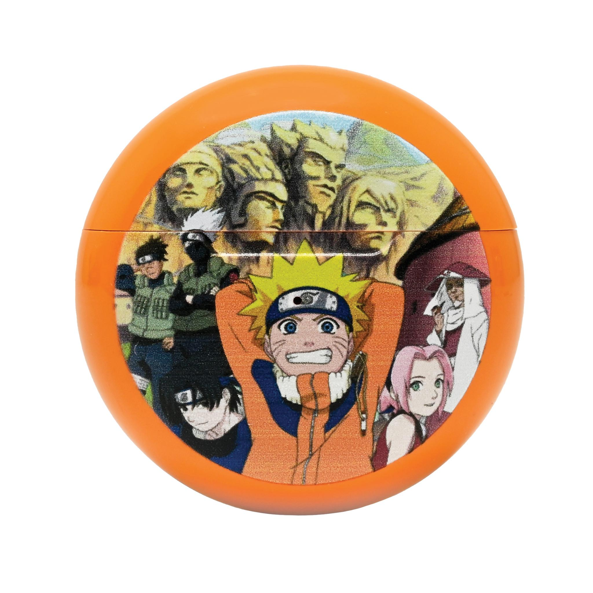 Estuche naranja con personajes de Naruto. Se ven caras de personajes, incluido Naruto con los brazos en alto.