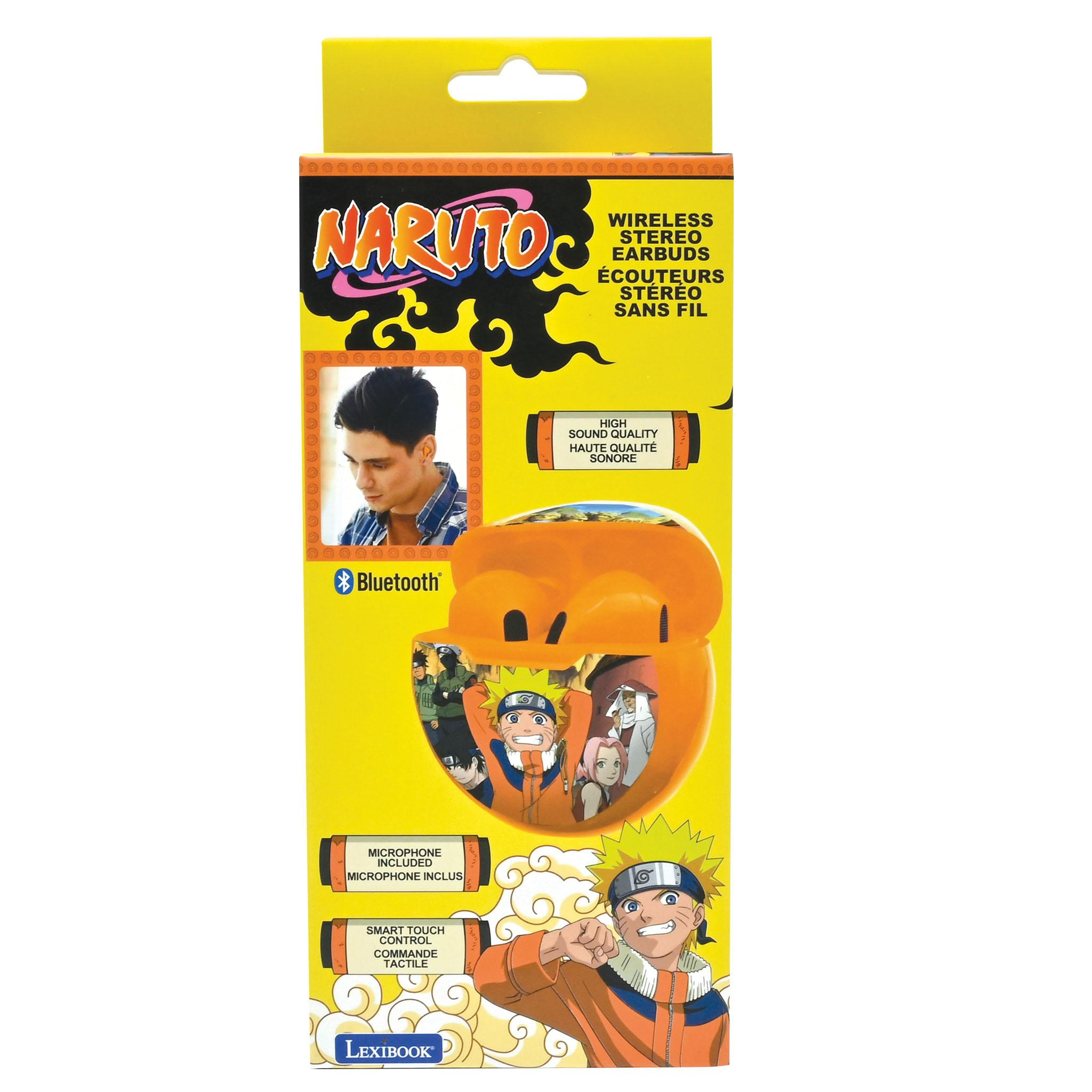 Caja de auriculares estéreo inalámbricos Naruto. Presenta arte de Naruto, Bluetooth y detalles del micrófono. Amarillo, naranja y negro.