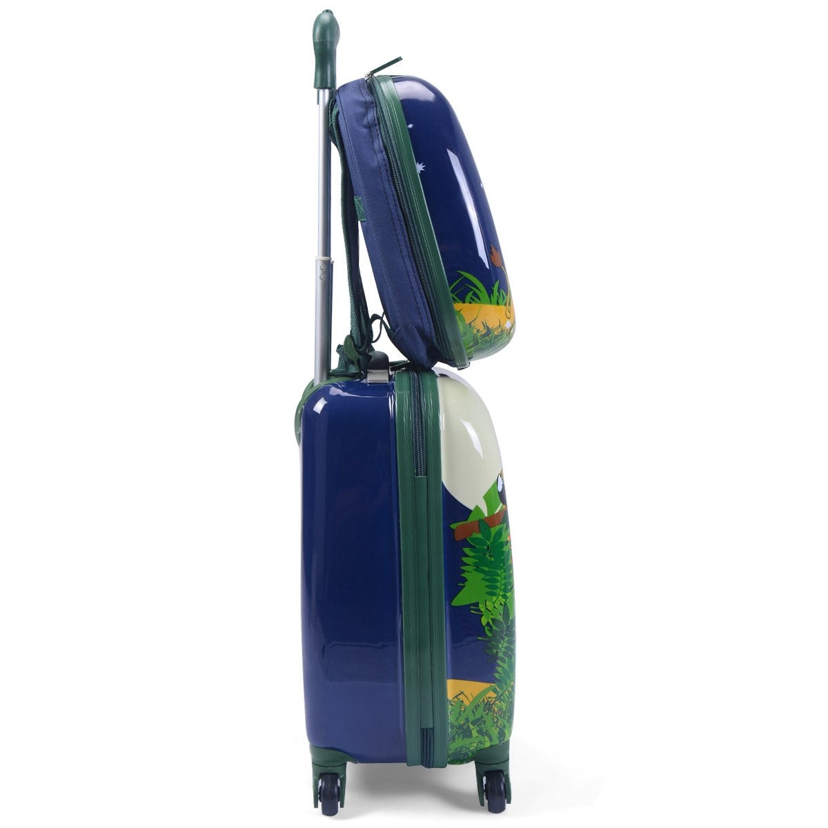 Una maleta azul con ruedas y una mochila a juego. La maleta tiene una cremallera verde y una escena de jungla, con ruedas.