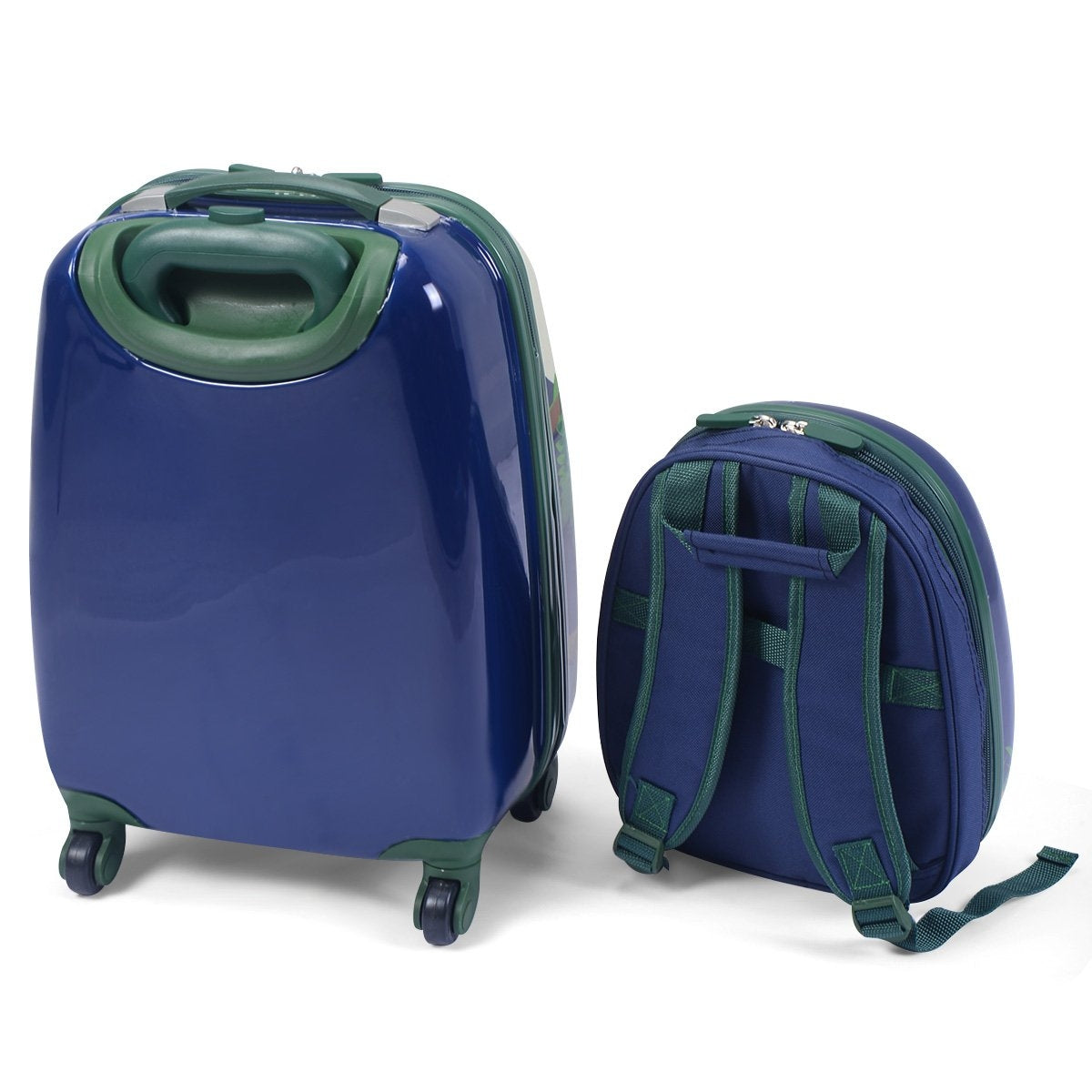 Un juego de maleta y mochila azules con ribetes verdes. La maleta está en posición vertical con ruedas. La mochila tiene correas.