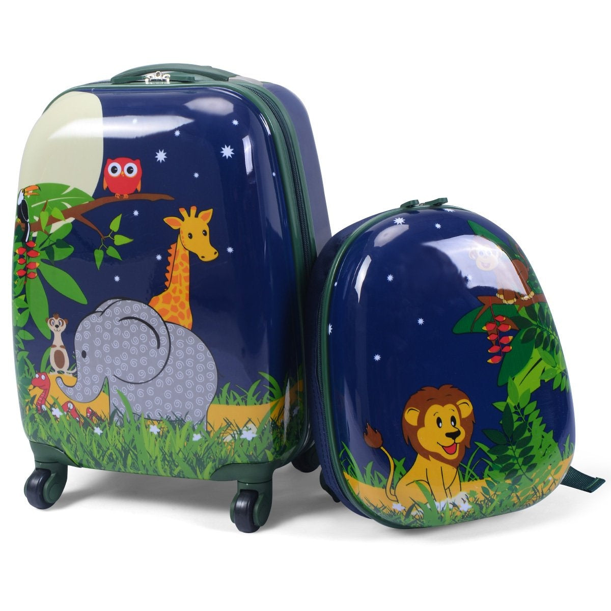 Dos maletas azules con ilustraciones de animales de la jungla: elefante, jirafa, león y mono, sobre un fondo de noche estrellada.