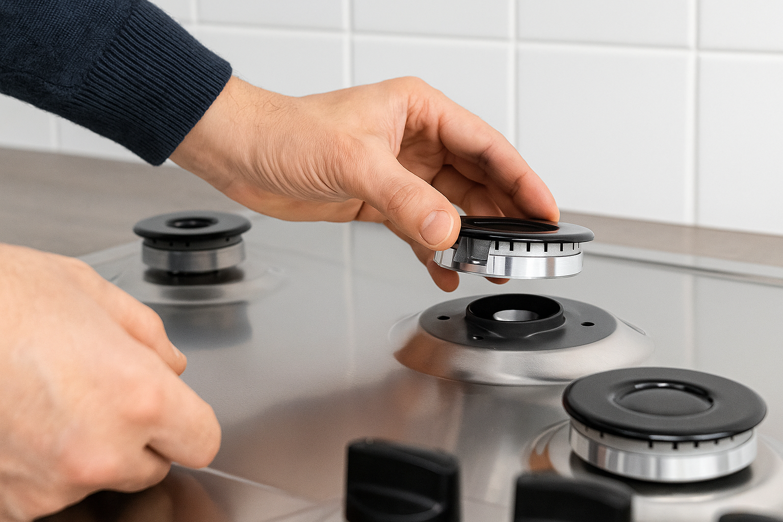 Una mano colocando una tapa de quemador en una estufa. La estufa es de acero inoxidable, con controles de quemador negros y fondo blanco.