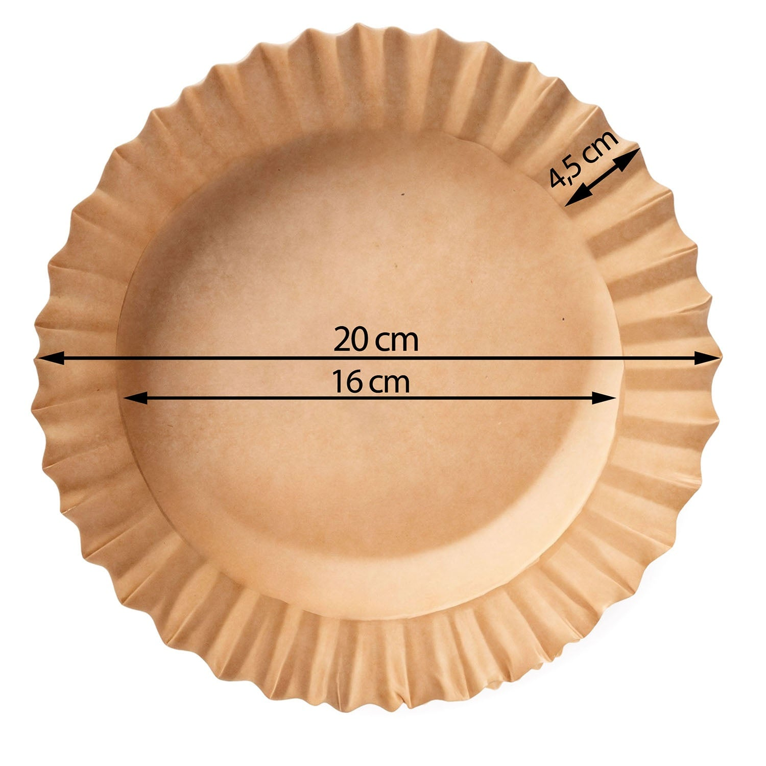 Un molde de papel marrón redondo. Medidas: 4,5 cm ancho, 20 cm diámetro y 16 cm diámetro. Fondo blanco.