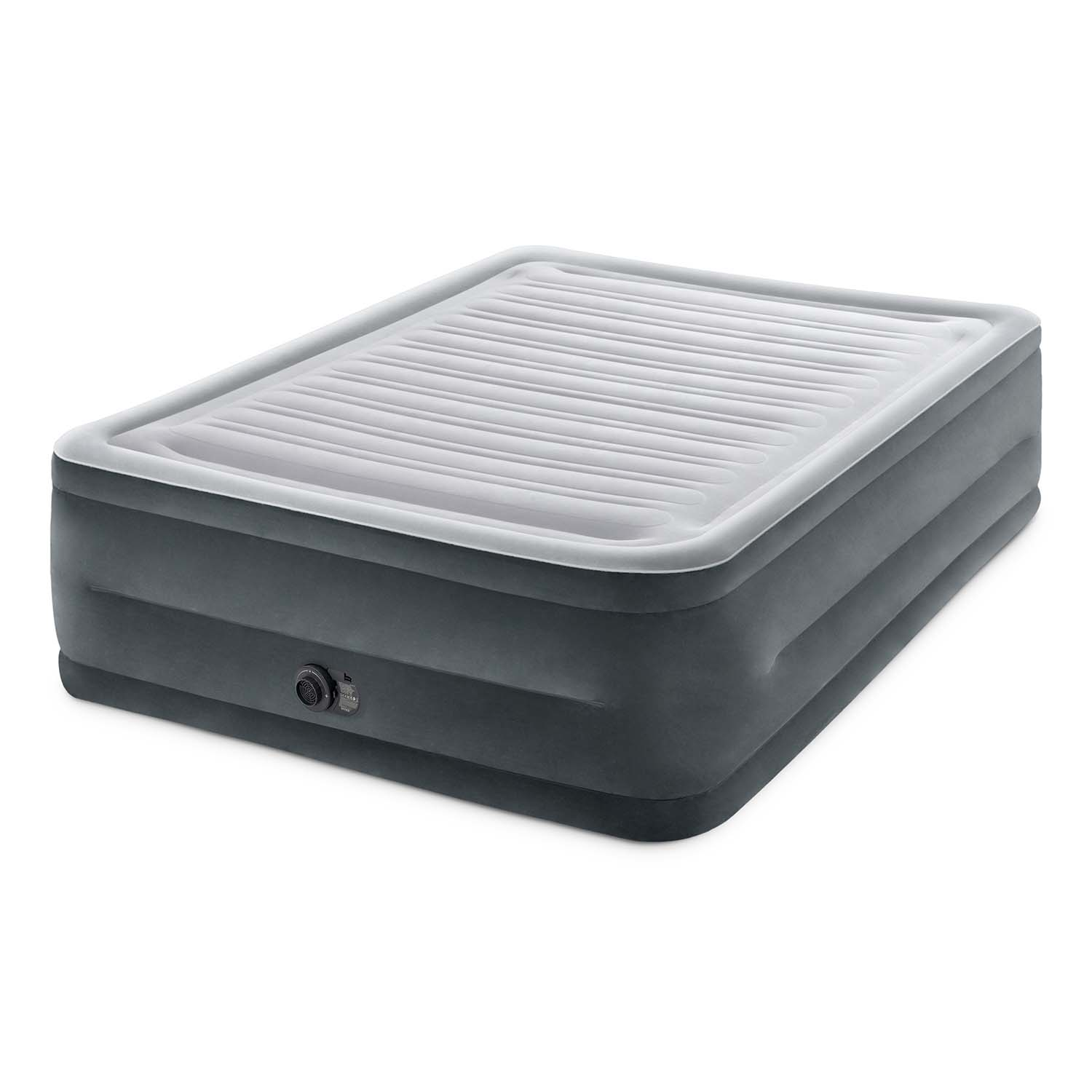 Un colchón de aire inflable, base gris con parte superior gris claro y ribete blanco, sobre una superficie blanca.