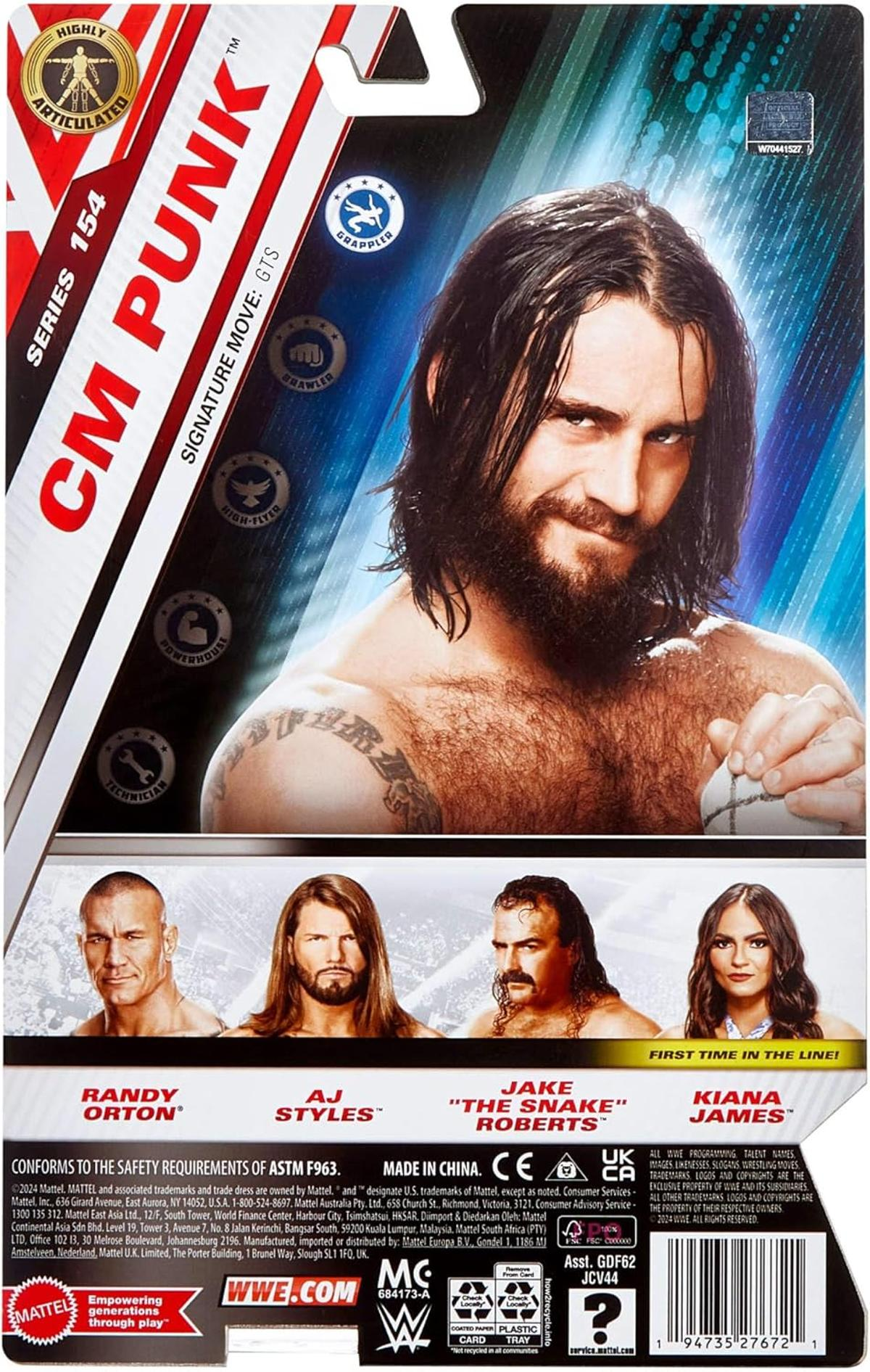 Verpackung zeigt CM Punk Figur. Andere Wrestler sind Randy Orton, AJ Styles und Kiana James. Die Verpackung ist rot und schwarz.