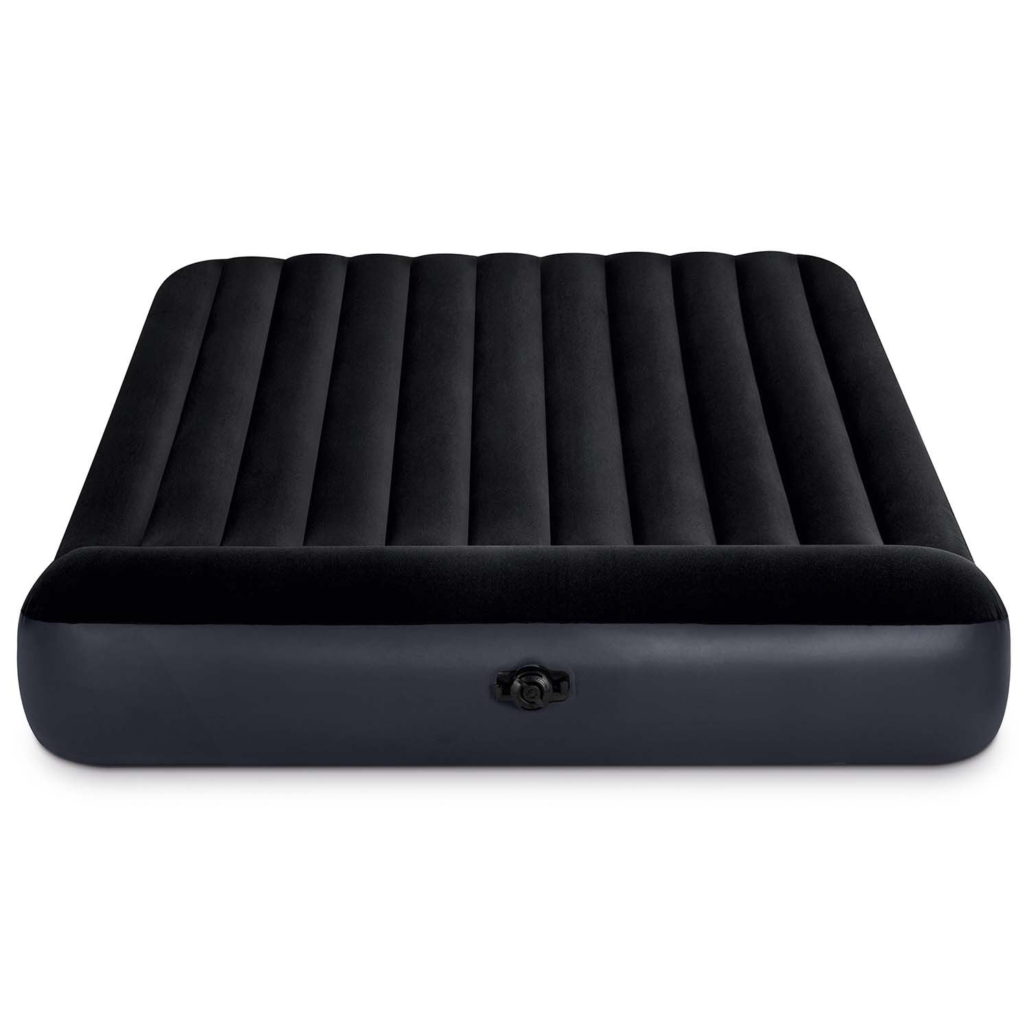 Un colchón inflable negro con textura acanalada vertical. Tiene una base gris oscuro con una válvula de inflado en el lateral.