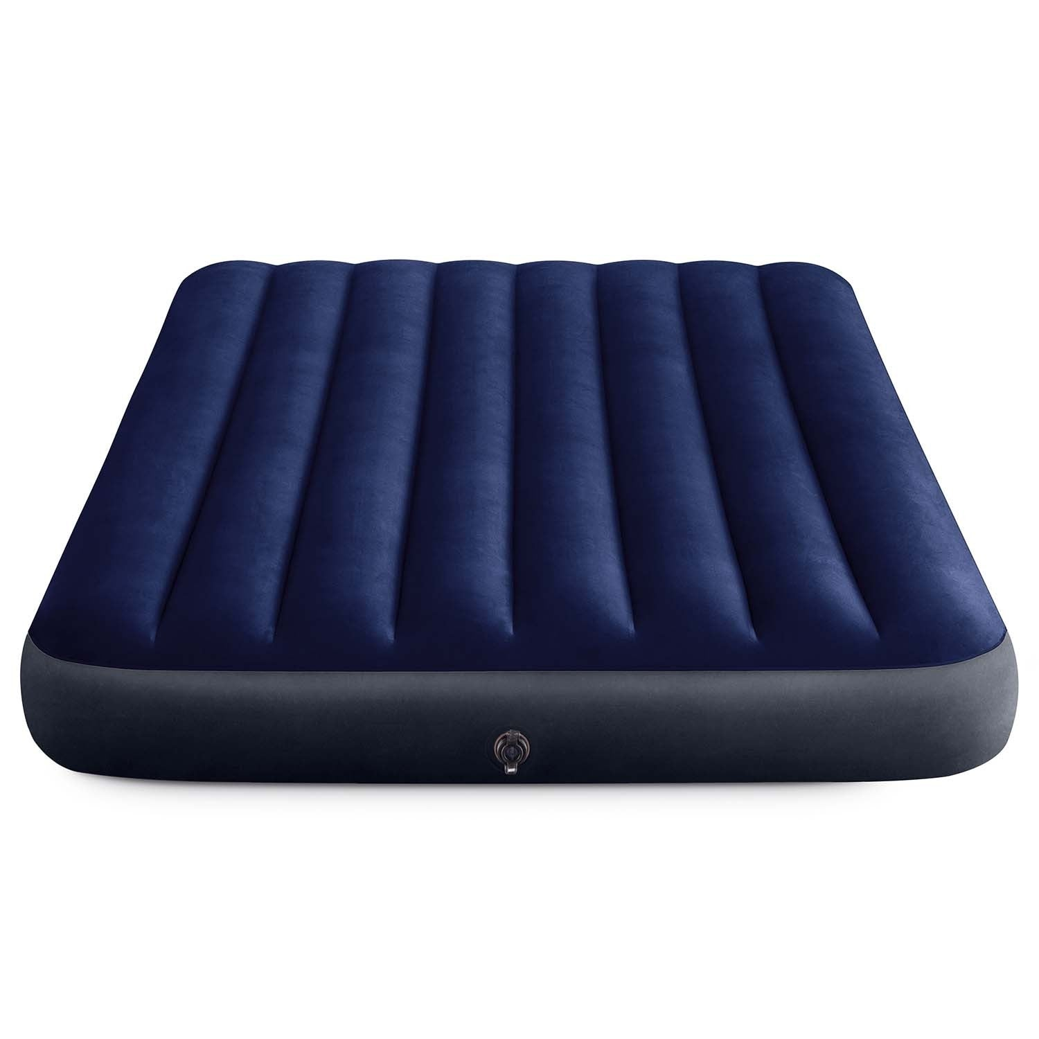Un colchón inflable azul oscuro sobre un fondo blanco. Tiene una base gris oscura y una válvula de inflado.