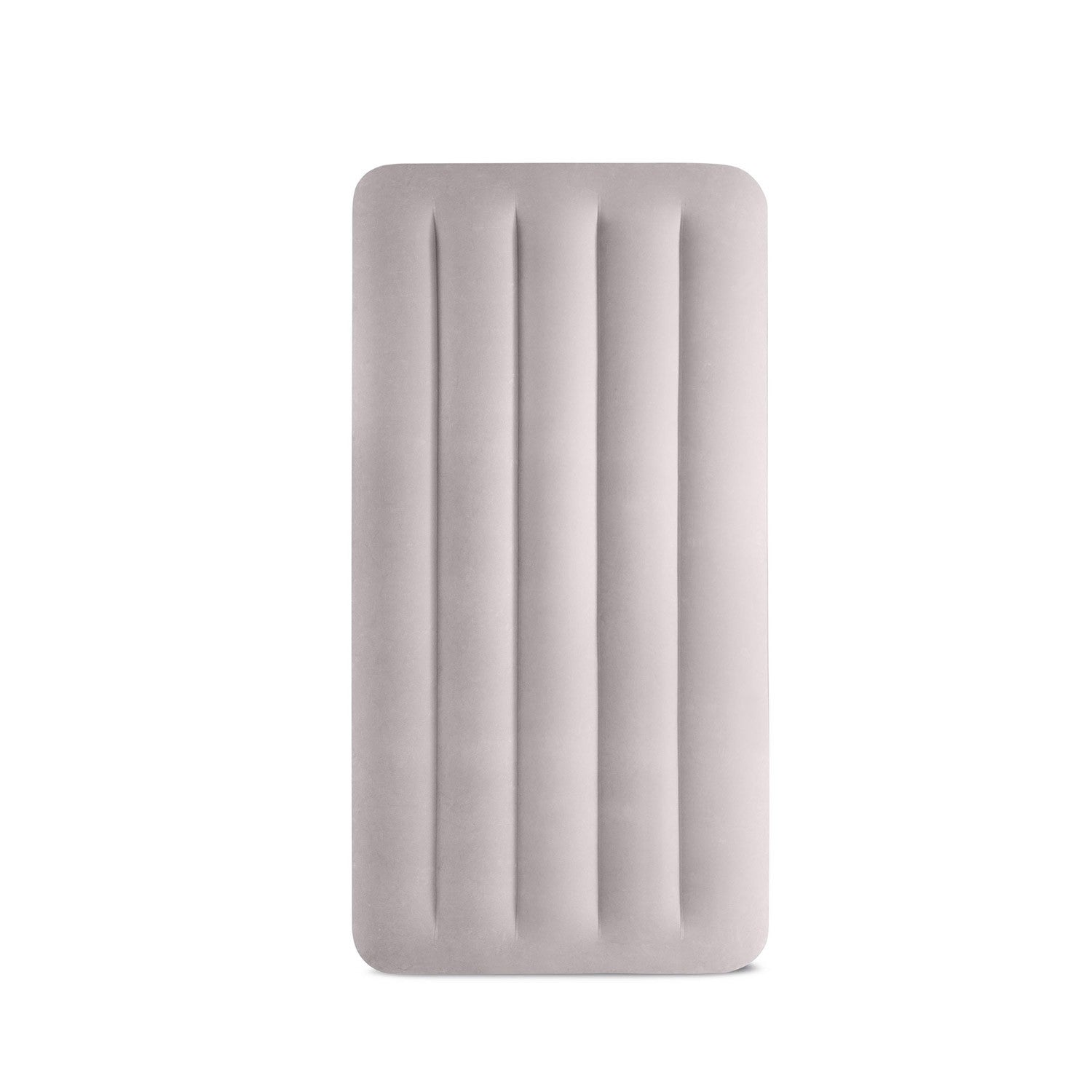 Un colchón de aire rectangular, gris claro, con secciones verticales elevadas, sobre un fondo blanco.