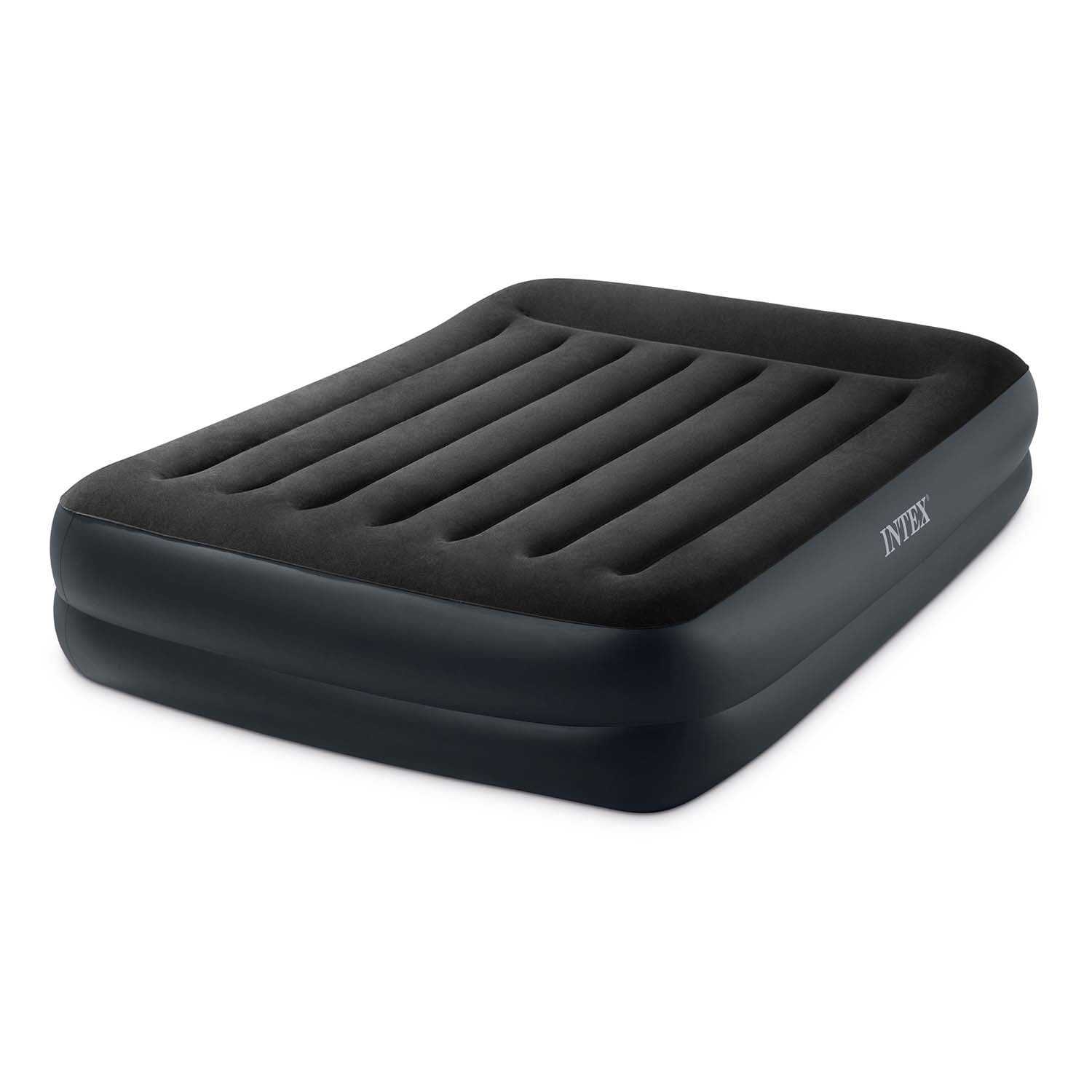 Un colchón inflable gris oscuro. La superficie superior tiene crestas. El logo de Intex está en el lateral. El fondo es blanco.