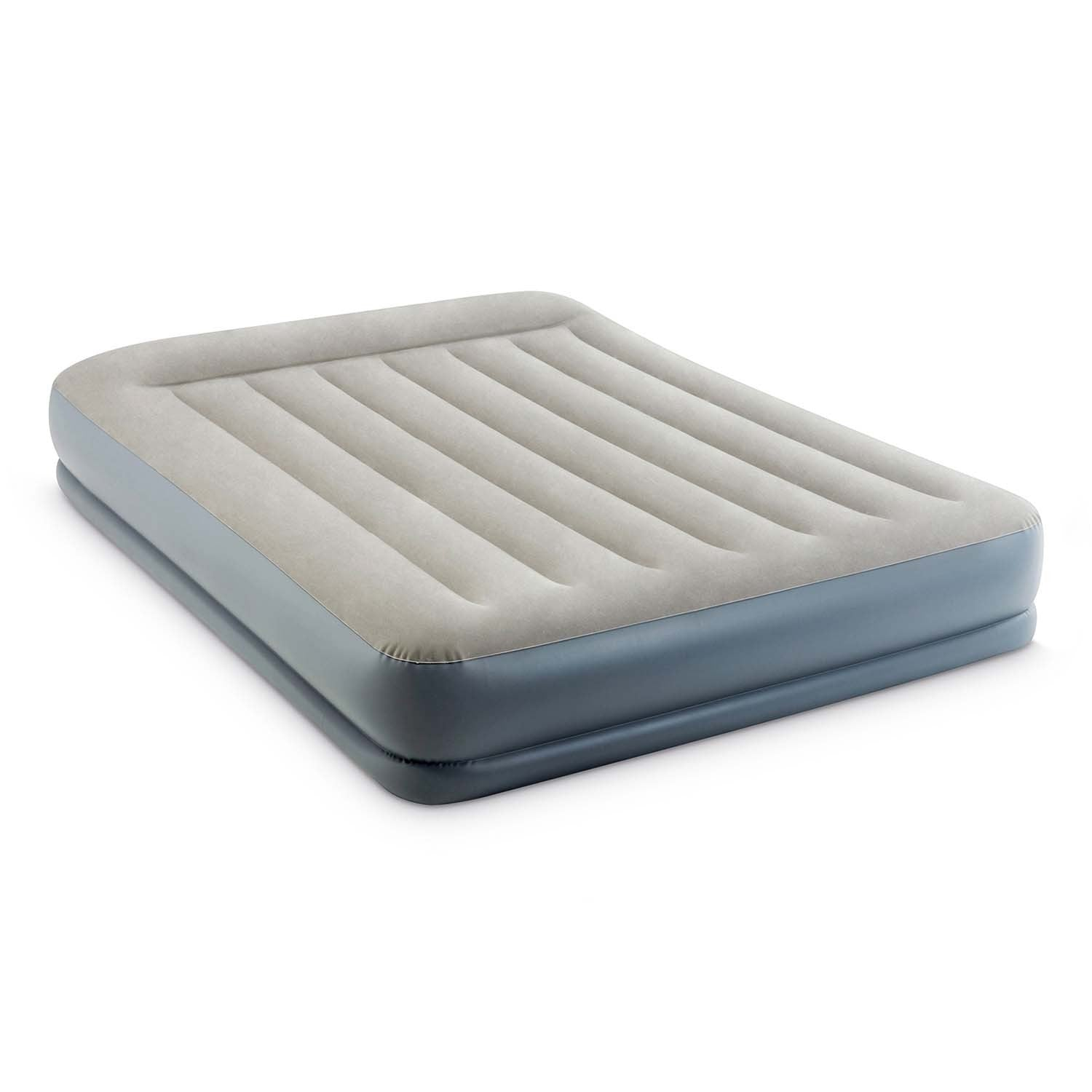 Un colchón inflable, parte superior gris con diseño acanalado, base azul oscuro. Es rectangular, aislado sobre fondo blanco.