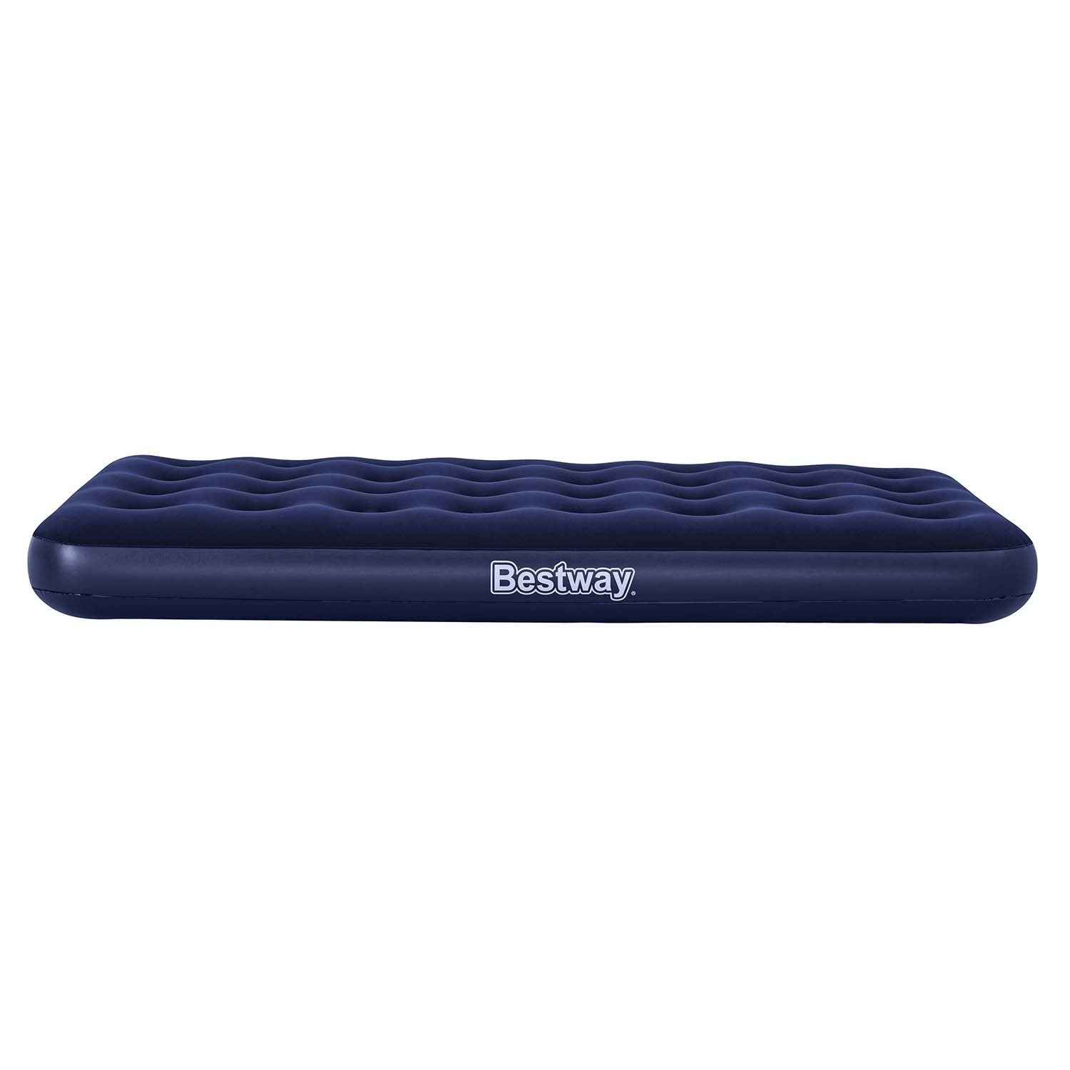 Un colchón inflable Bestway azul marino sobre un fondo blanco. El colchón es rectangular con la parte superior texturizada.