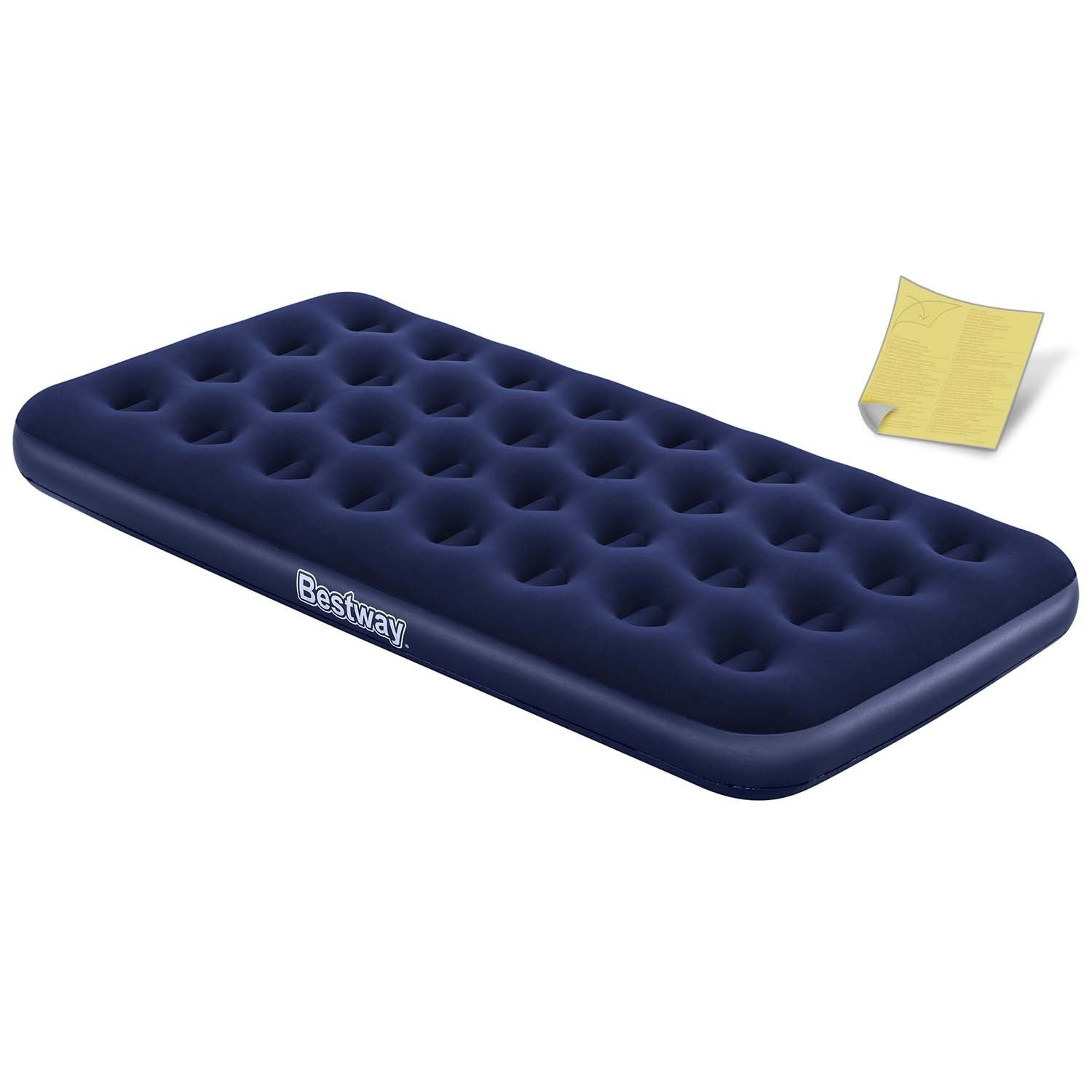 Un colchón inflable Bestway azul marino con un papel al lado sobre un fondo blanco.