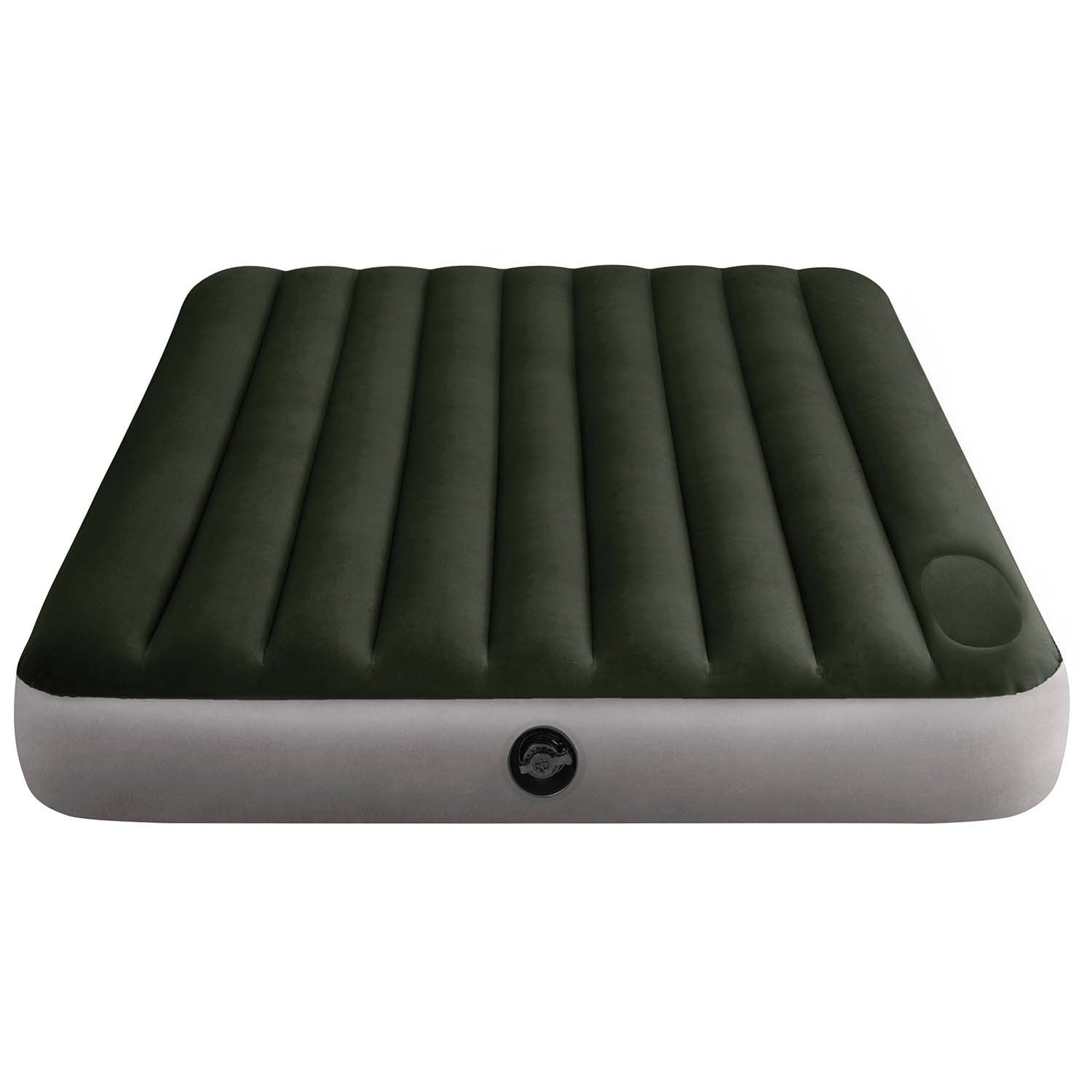 Un colchón de aire inflable. La parte superior es verde oscuro, con costillas verticales. Los lados son de color gris claro, con una válvula. Aislado sobre fondo blanco.