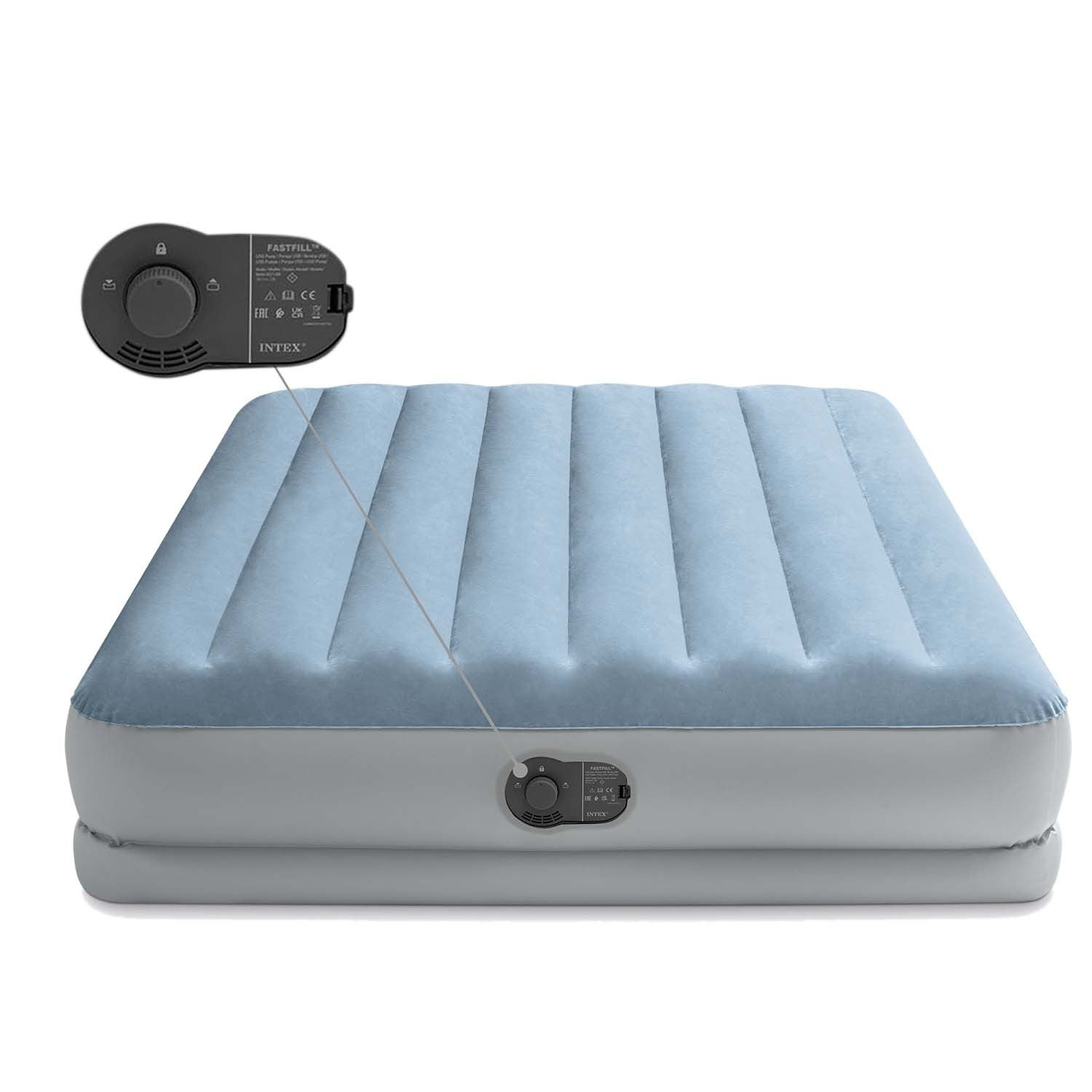 Colchón de aire inflable, parte superior azul claro, lados grises, con bomba de aire adjunta. La marca es Intex.