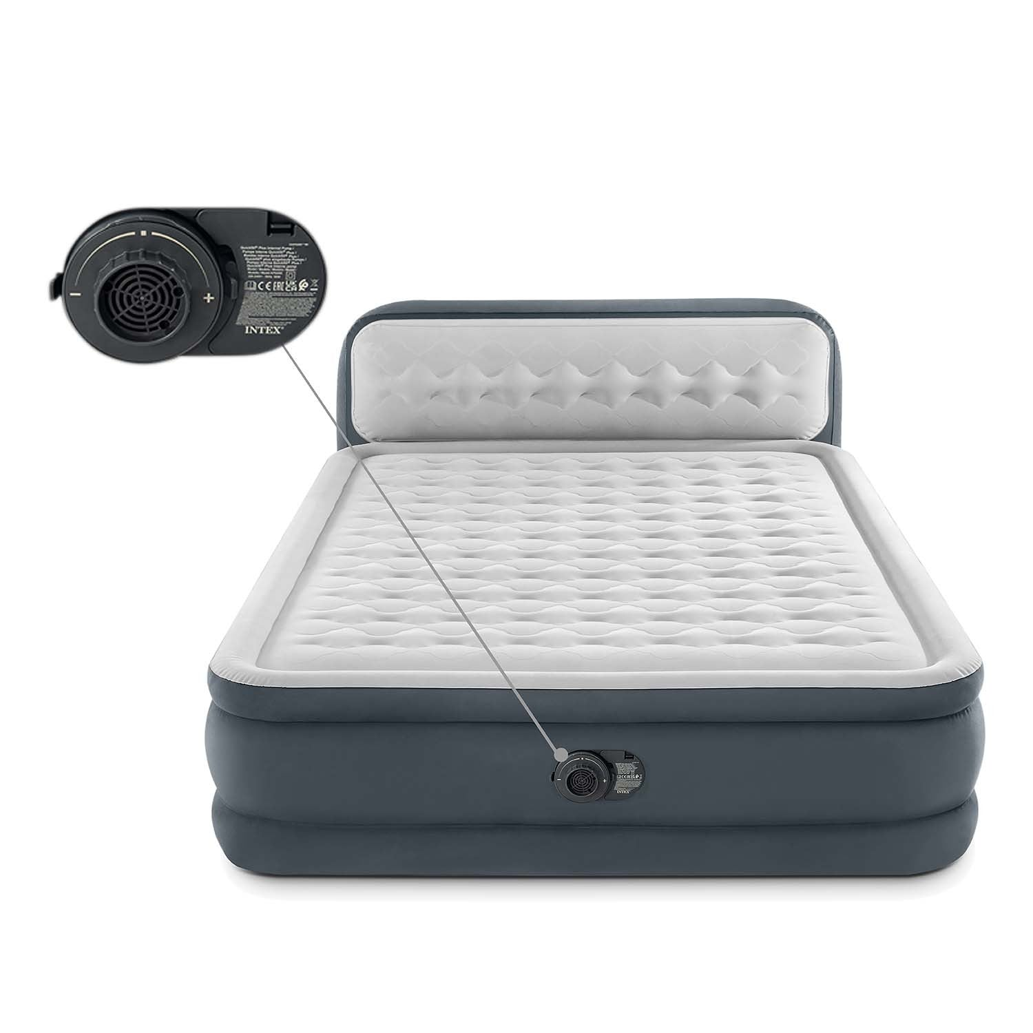 Una cama inflable con bomba incorporada. La cama es gris y blanca. Una bomba se muestra en la parte superior izquierda, conectada a la cama.
