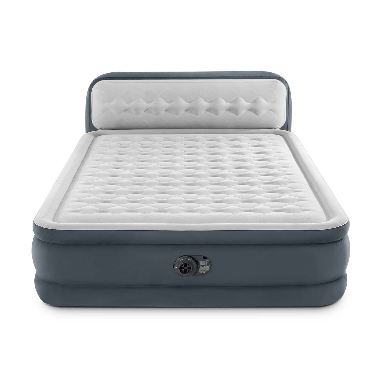 Un colchón inflable con reposacabezas. El colchón es gris y blanco, con superficie texturizada y bomba integrada en el lateral.
