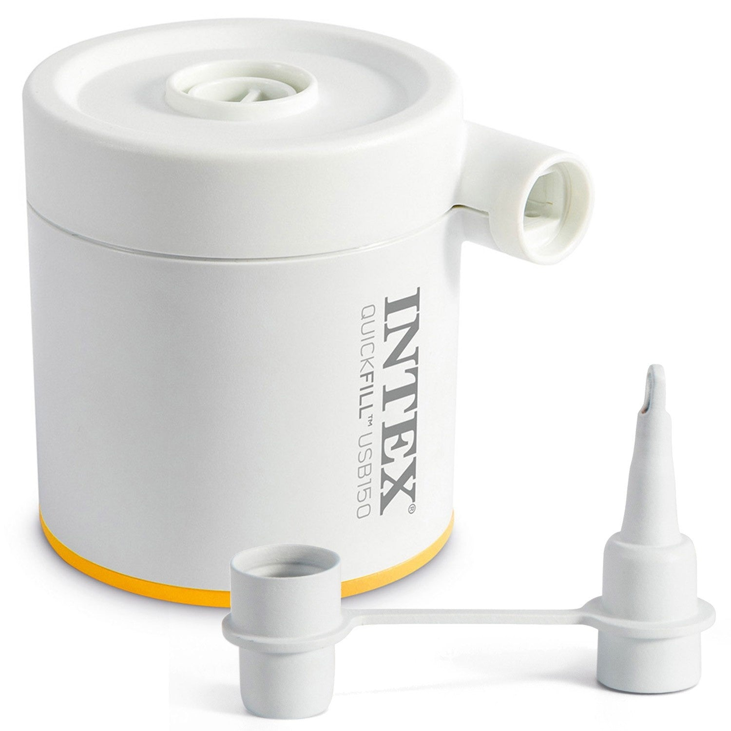 Bomba de aire eléctrica Intex Quick Fill USB150 blanca. Incluye boquillas. Cuerpo blanco, anillo base amarillo y logotipo Intes.