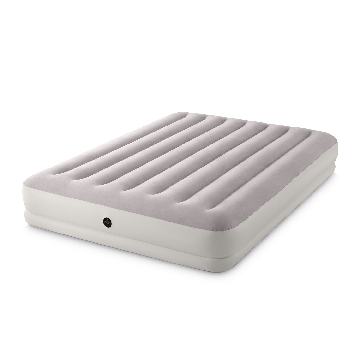Una cama inflable, parte superior gris claro con crestas horizontales, base blanca y válvula de aire negra, sobre fondo blanco.