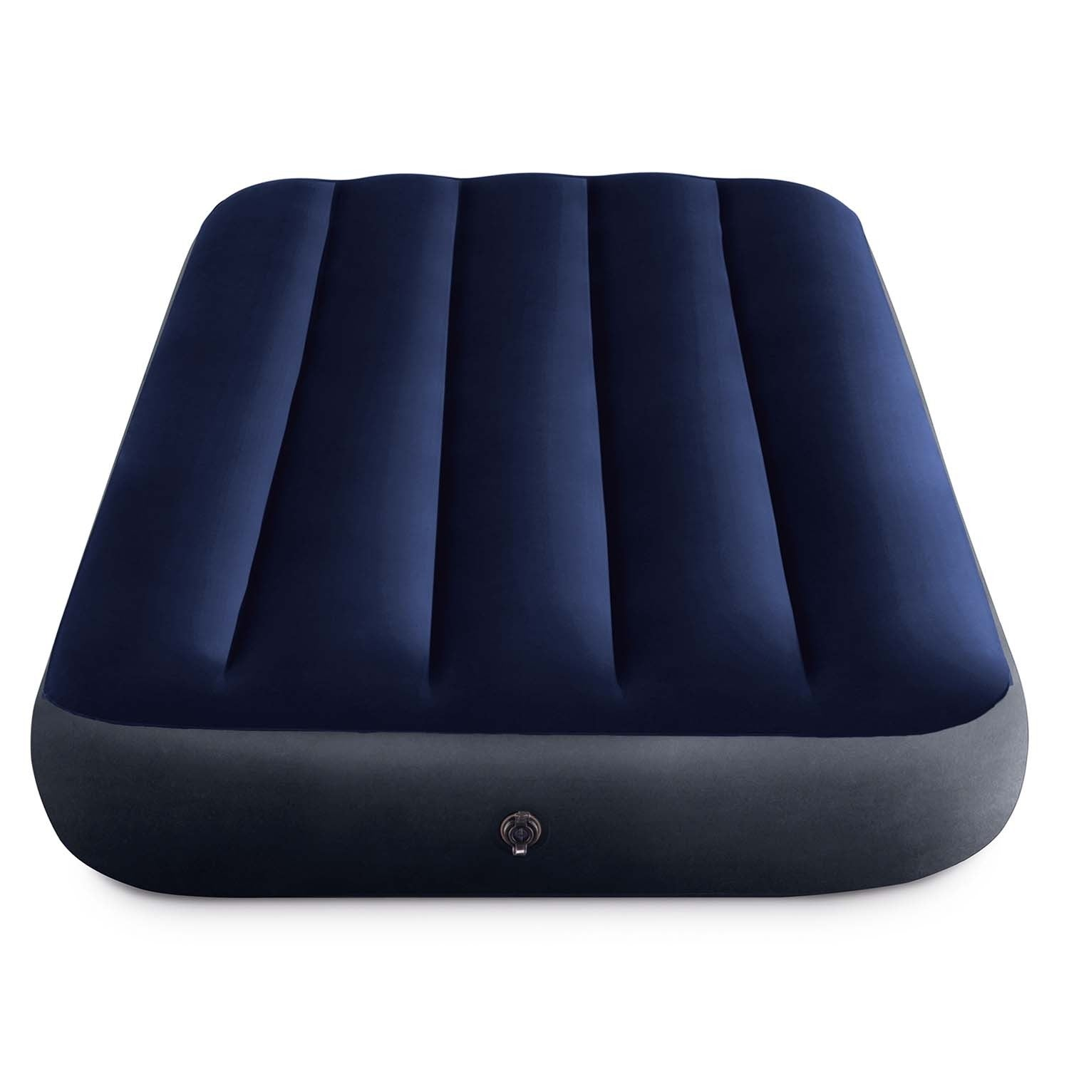 Un colchón inflable azul marino sobre un fondo blanco. Tiene una base gris oscuro y una válvula de aire visible.