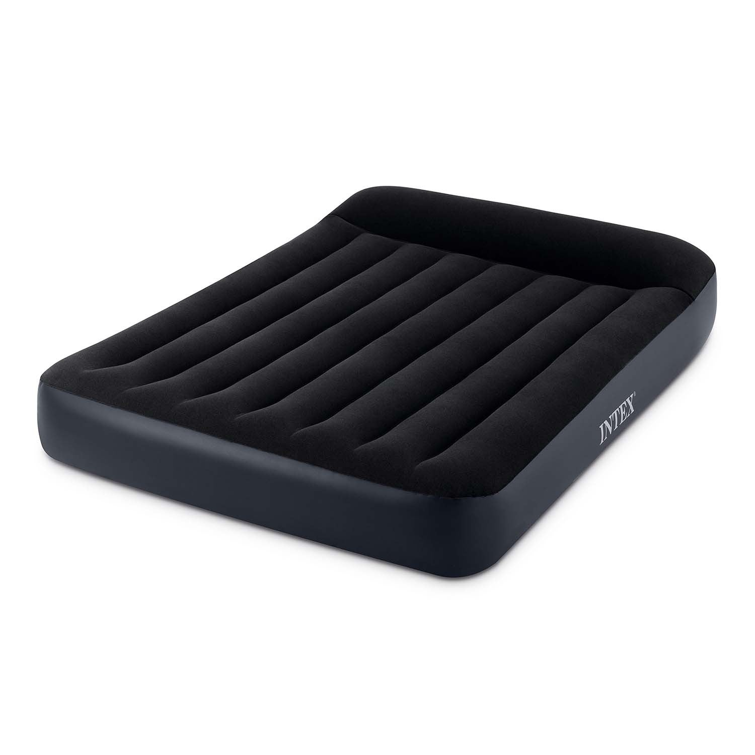 Un colchón inflable negro con crestas verticales. Tiene una base azul oscuro y la marca "INTEX" es visible en el lateral.