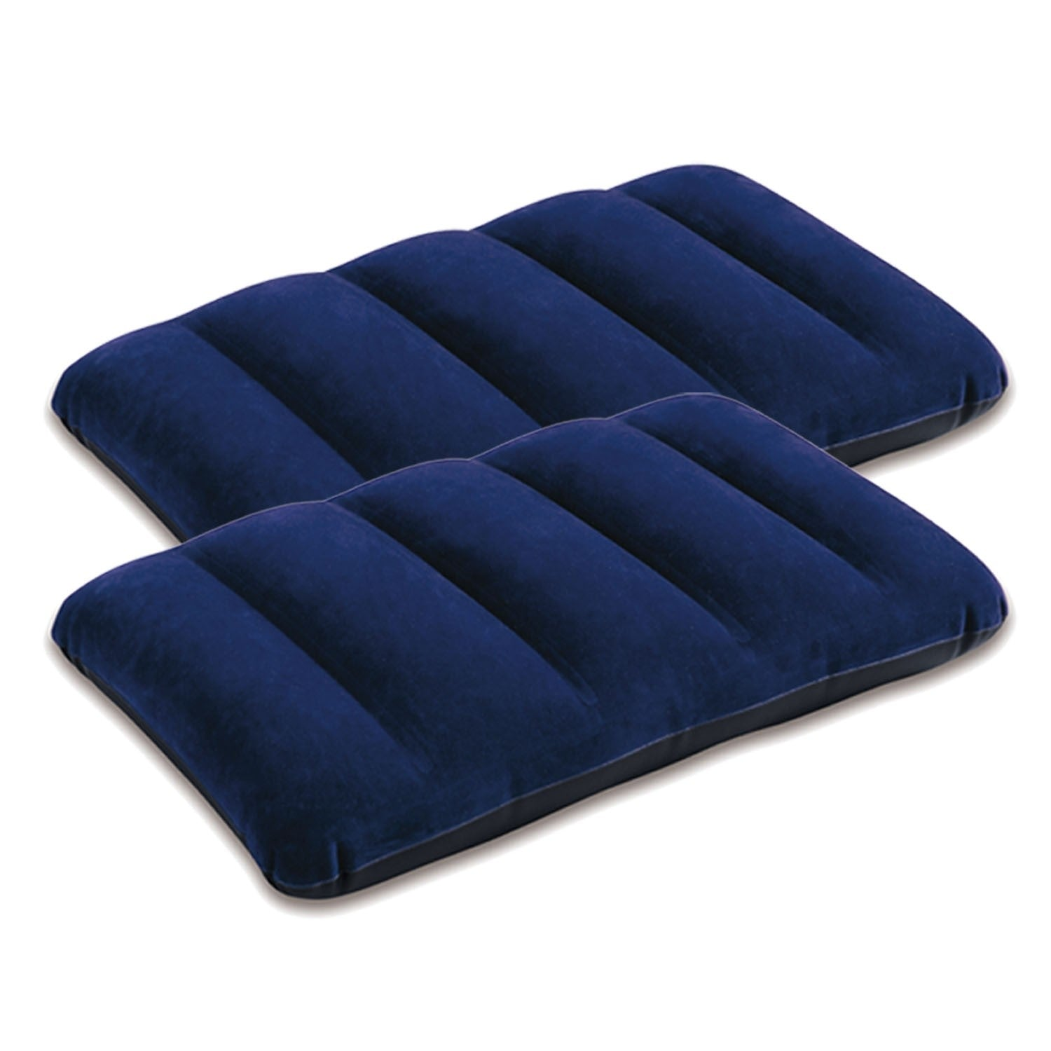 Dos almohadas inflables azul marino sobre un fondo blanco. Cada una tiene crestas. El fondo es blanco liso.