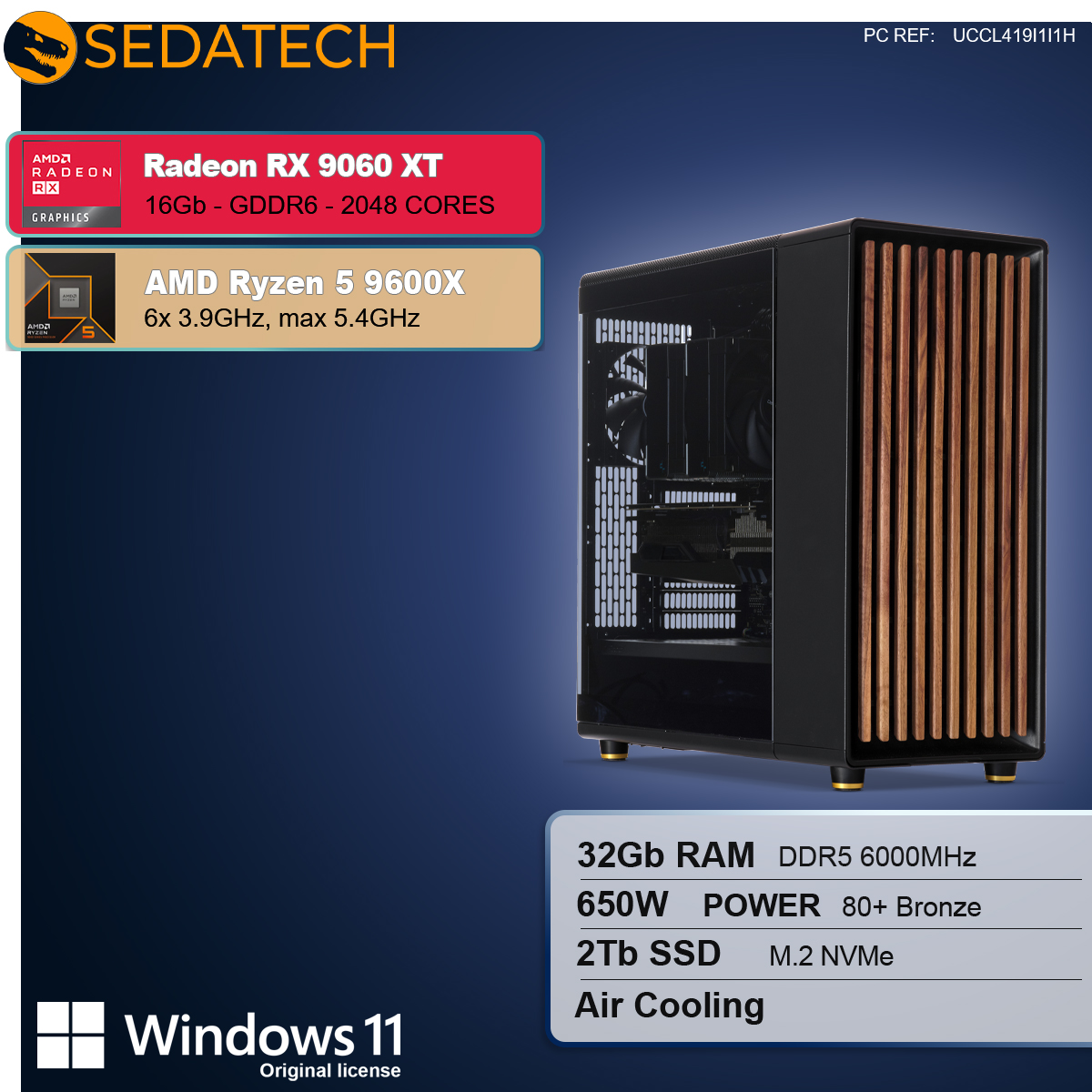 Un case per computer con dettagli in legno. Le specifiche includono Radeon RX 9060 XT, AMD Ryzen 5 9600X, 32 GB di RAM, 2 TB SSD e Windows 11.