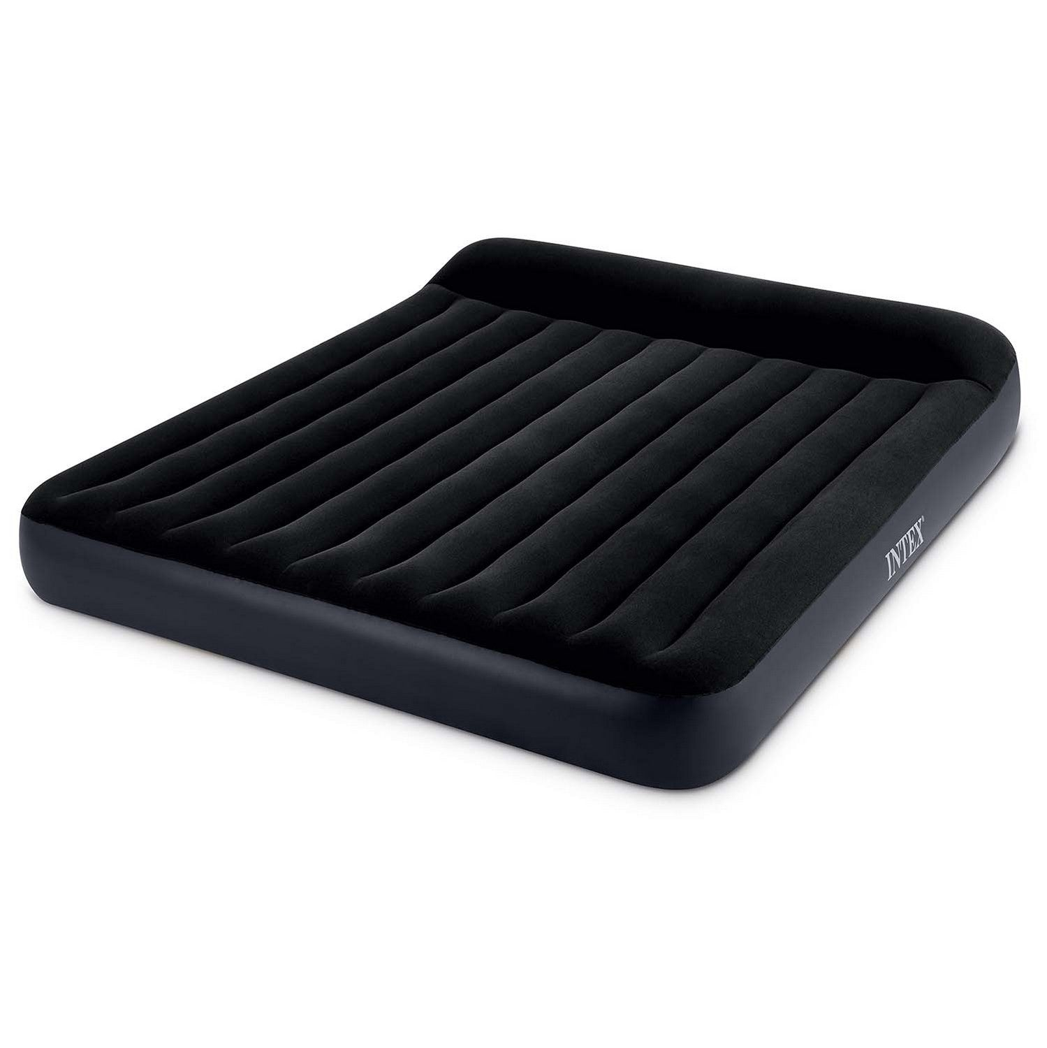 Un colchón inflable negro con crestas verticales. La marca 'INTEX' es visible. Aislado sobre fondo blanco.