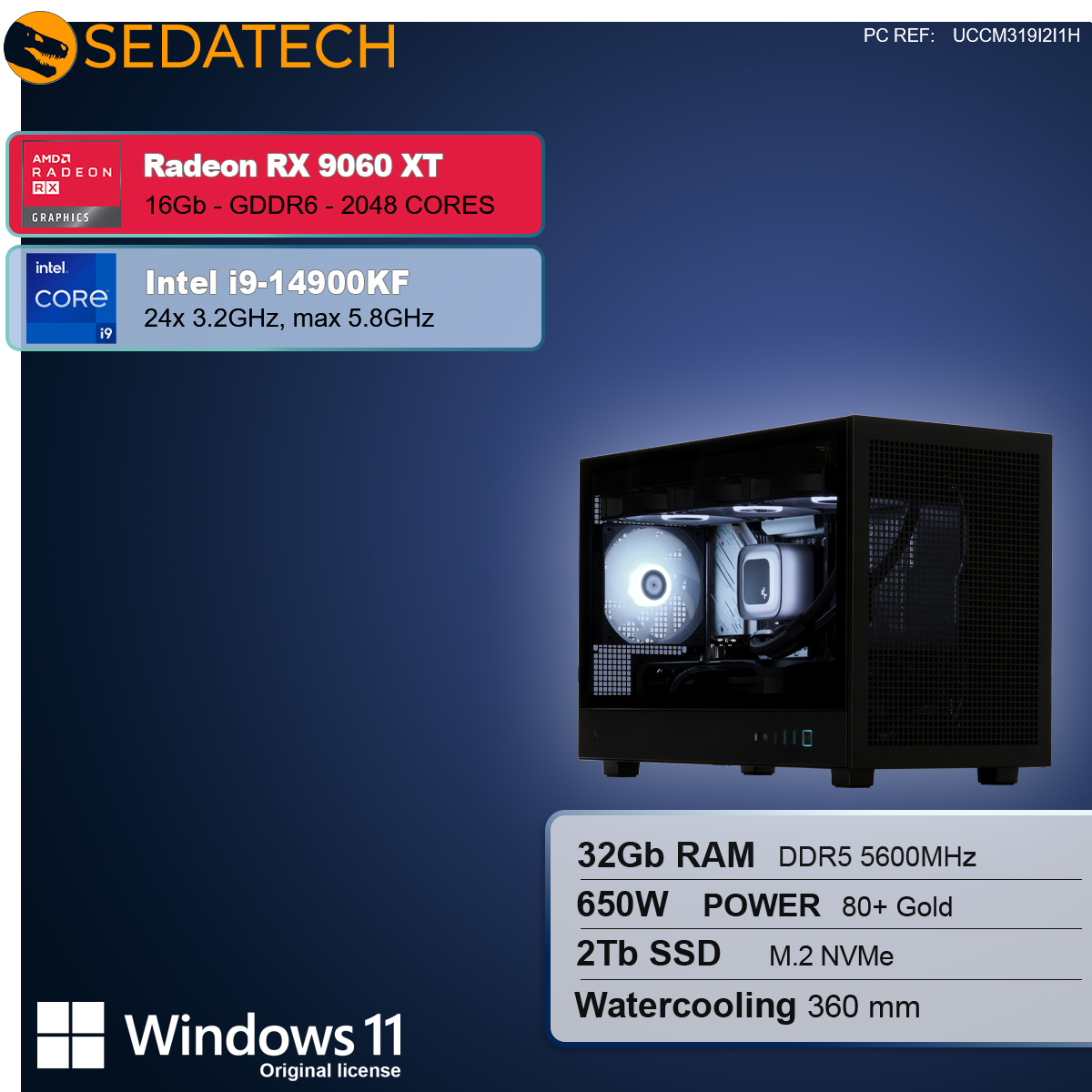 Pokazana jest obudowa komputera z komponentami. Specyfikacje obejmują Radeon RX 9060 XT, Intel i9-14900KF, 32 GB pamięci RAM, zasilacz 650 W i dysk SSD 2 TB.