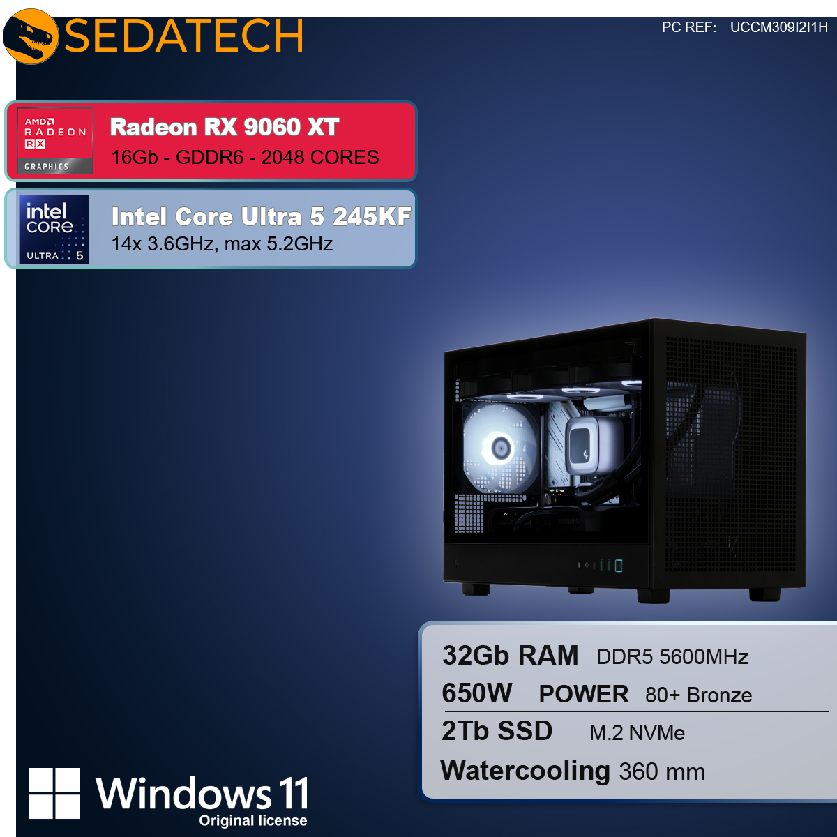 Un case di computer con componenti bianchi e neri. Il testo include Radeon RX 9060 XT, Intel Core Ultra 5 245KF e Windows 11.