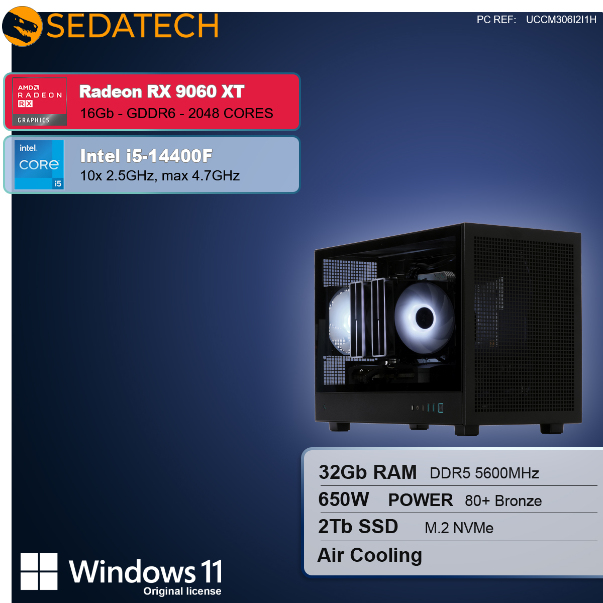 Viene mostrato un case per computer con componenti. Le specifiche includono Radeon RX 9060 XT, Intel i5-14400F, 32 GB di RAM, 2 TB SSD e Windows 11.