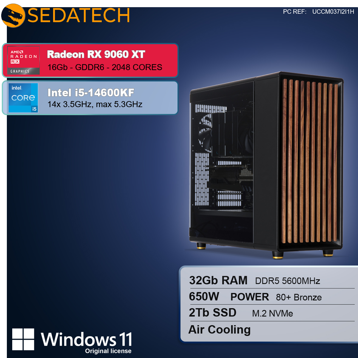 Un case per computer con dettagli in legno. Specifiche: Radeon RX 9060 XT, Intel i5-14600KF, 32GB RAM, 650W, e 2Tb SSD.
